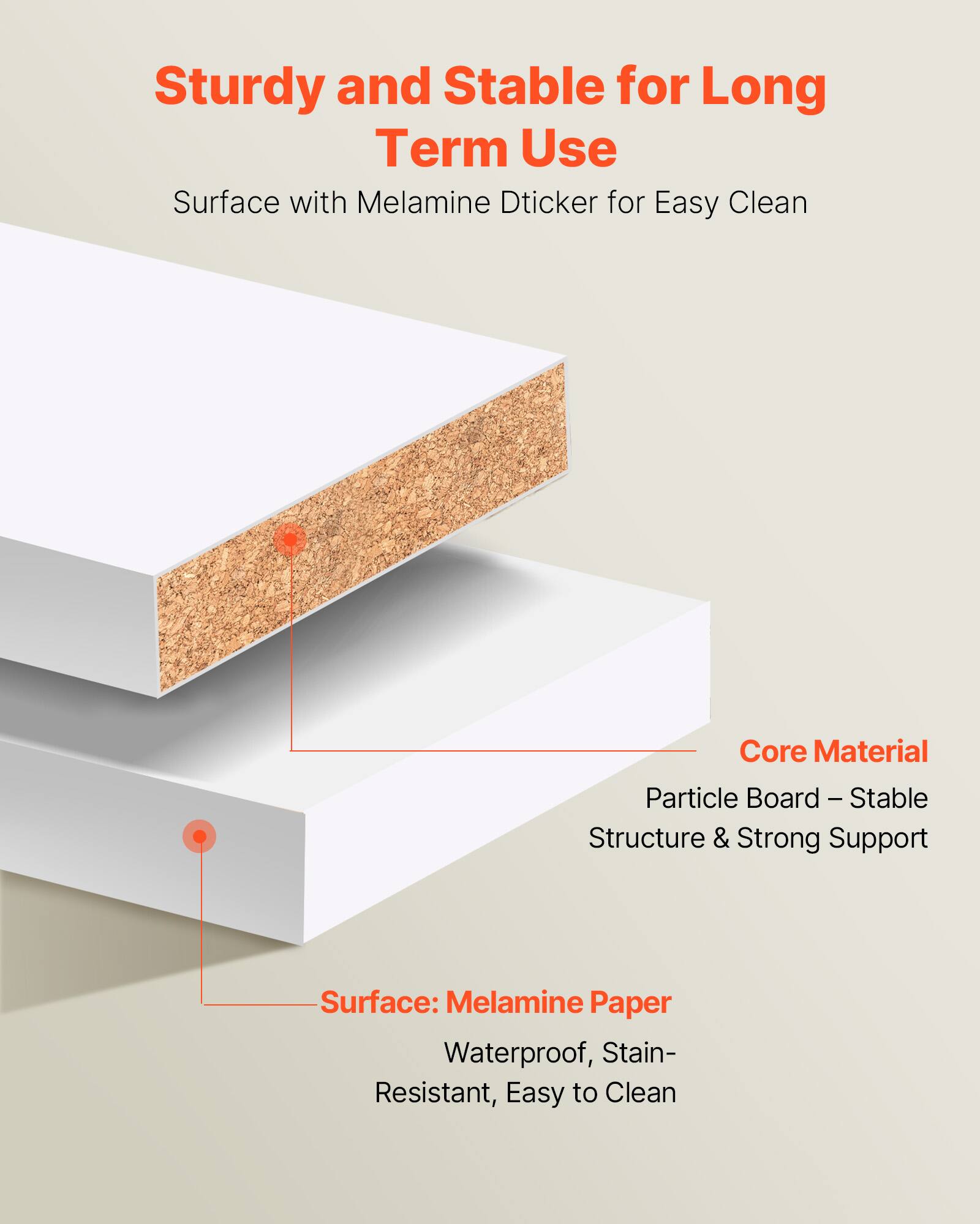 Sturdy and Stable for Long Term Use  
Surface with Melamine Dticker for Easy Clean  

Core Material  
Particle Board – Stable Structure & Strong Support  

Surface: Melamine Paper  
Waterproof, Stain-Resistant, Easy to Clean