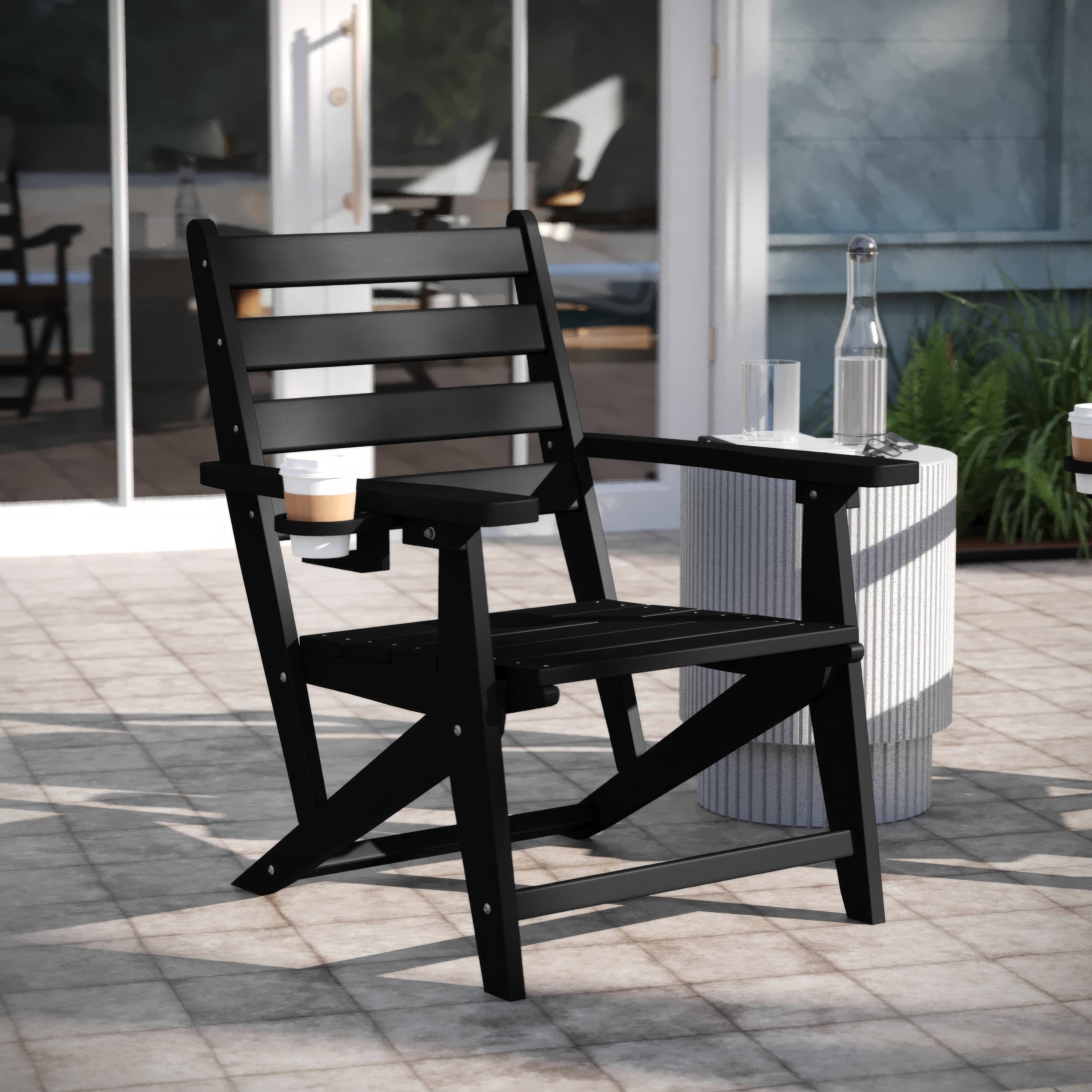 Alt View 1. Emma + Oliver - Arcata Adirondack Dining Chair with Fold Out Cup Holder, Weather Resistant Recycled HDPE Adirondack Chair - Black.