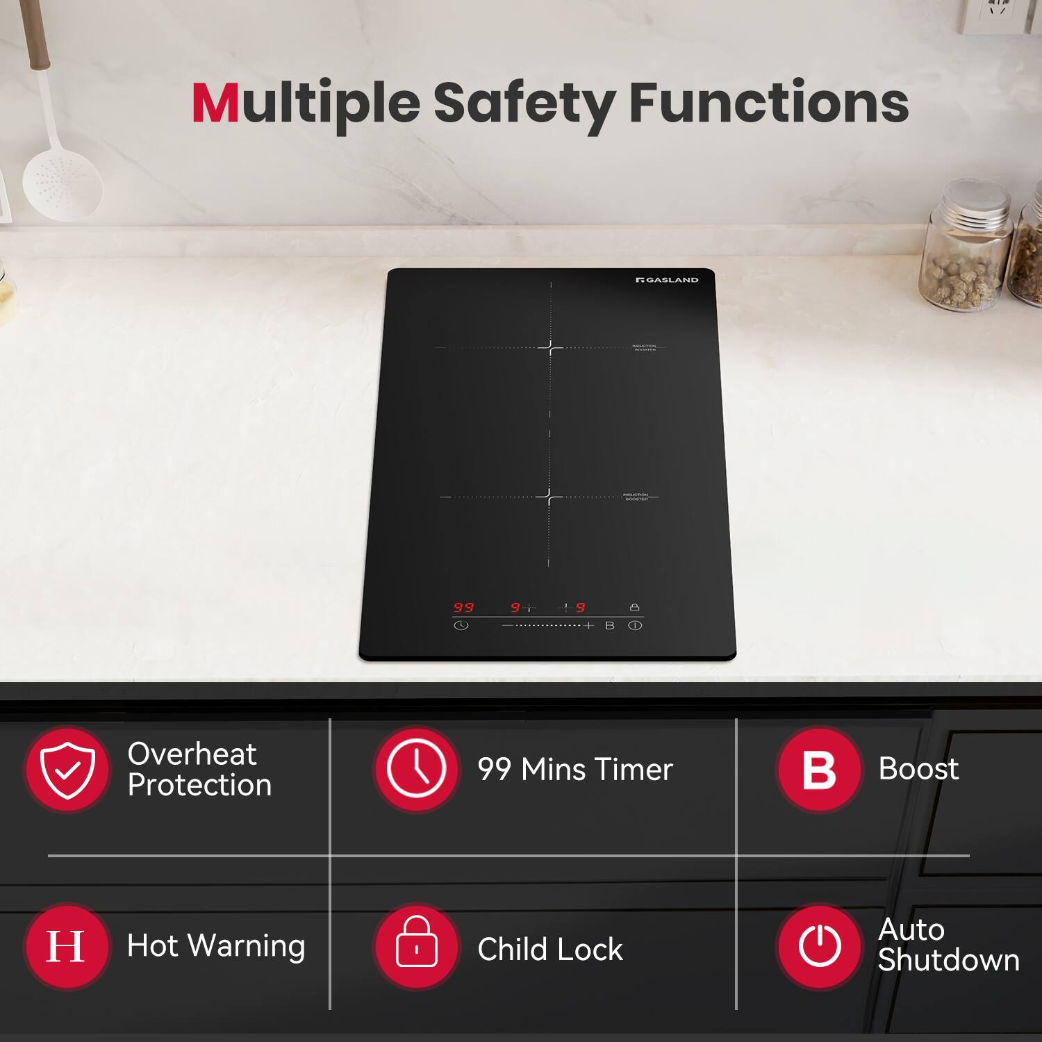 Multiple Safety Functions

- Overheat Protection
- 99 Mins Timer
- Boost
- Hot Warning
- Child Lock
- Auto Shutdown