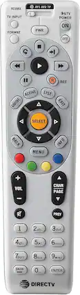 RC66RX TV INPUT AV1 AV2 TV & TV POWER FORMAT PWR ON OFF C R REC ACTIVE GUIDE LIST EXIT SELECT BACK MENU INFO + VOL CHAN PAGE - x PREV 1 2abc 3def 4ghi 5jkl 6mno 7pqrs 8tuv 9wxyz DASH 0_ ENTER DIRECTV