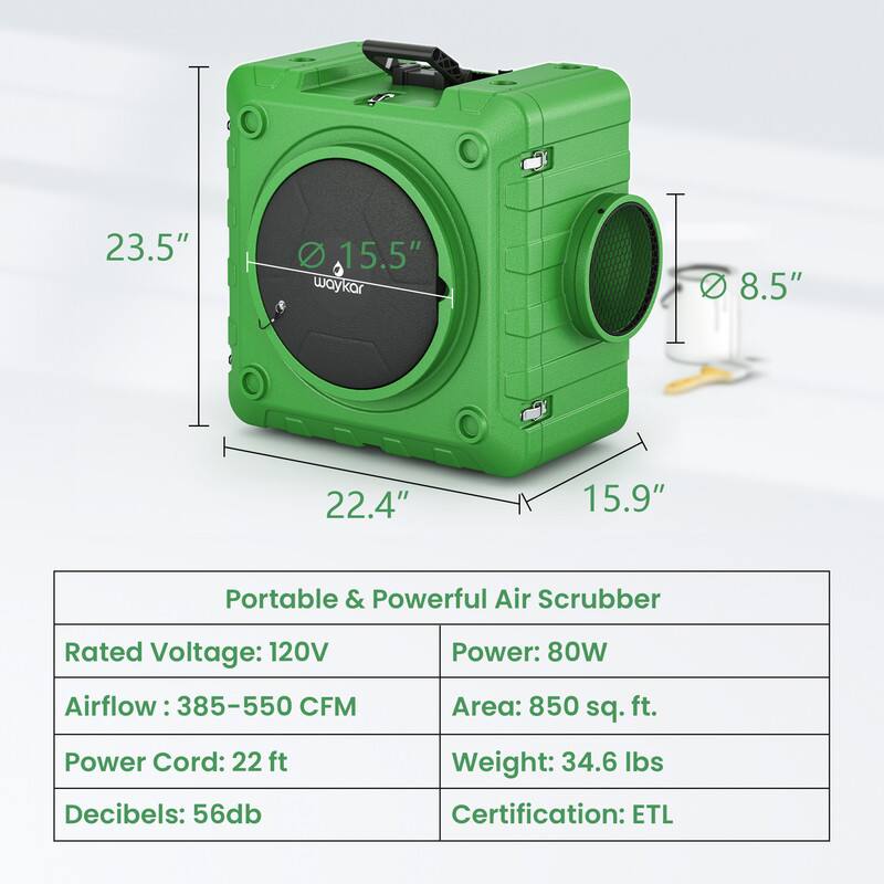 - Dimensions: 23.5" x 15.5" x 22.4" x 15.9" x 8.5"
- Portable & Powerful Air Scrubber
- Rated Voltage: 120V
- Power: 80W
- Airflow: 385-550 CFM
- Area: 850 sq. ft.
- Power Cord: 22 ft
- Decibels: 56db
- Weight: 34.6 lbs
- Certification: ETL