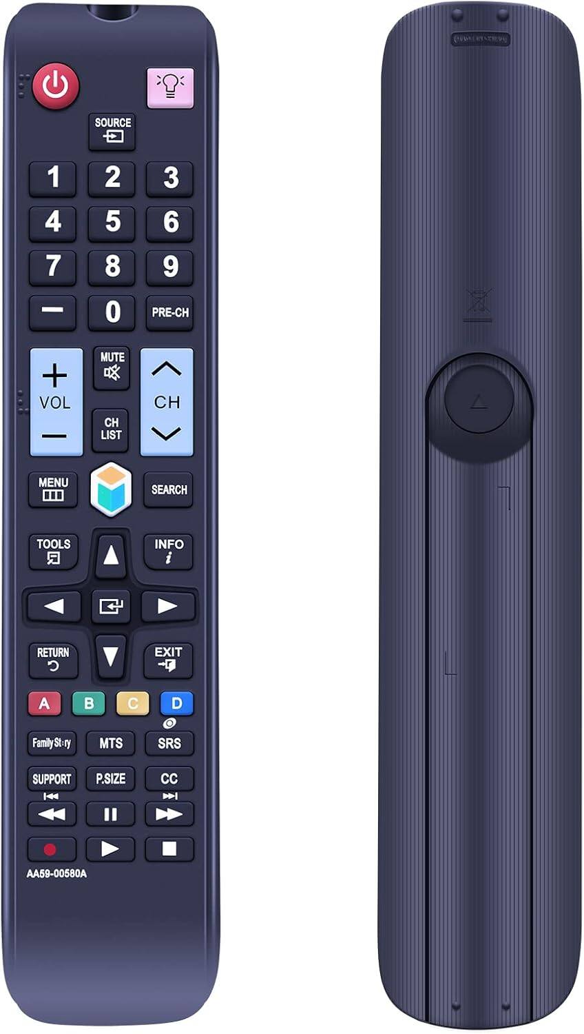 SOURCE 1 2 3 4 5 6 7 8 9 0 PRE-CH + VOL MUTE CH LIST CH MENU ... SEARCH TOOLS INFO i RETURN EXIT - A B C D FamilySt:ry MTS SRS SUPPORT H4 P.SIZE CC N AA59-00580A