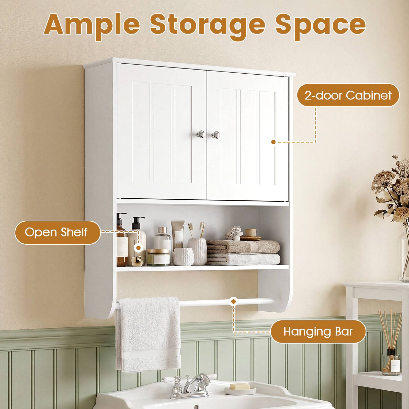 Ample Storage Space  
2-door Cabinet  
Open Shelf  
Hanging Bar