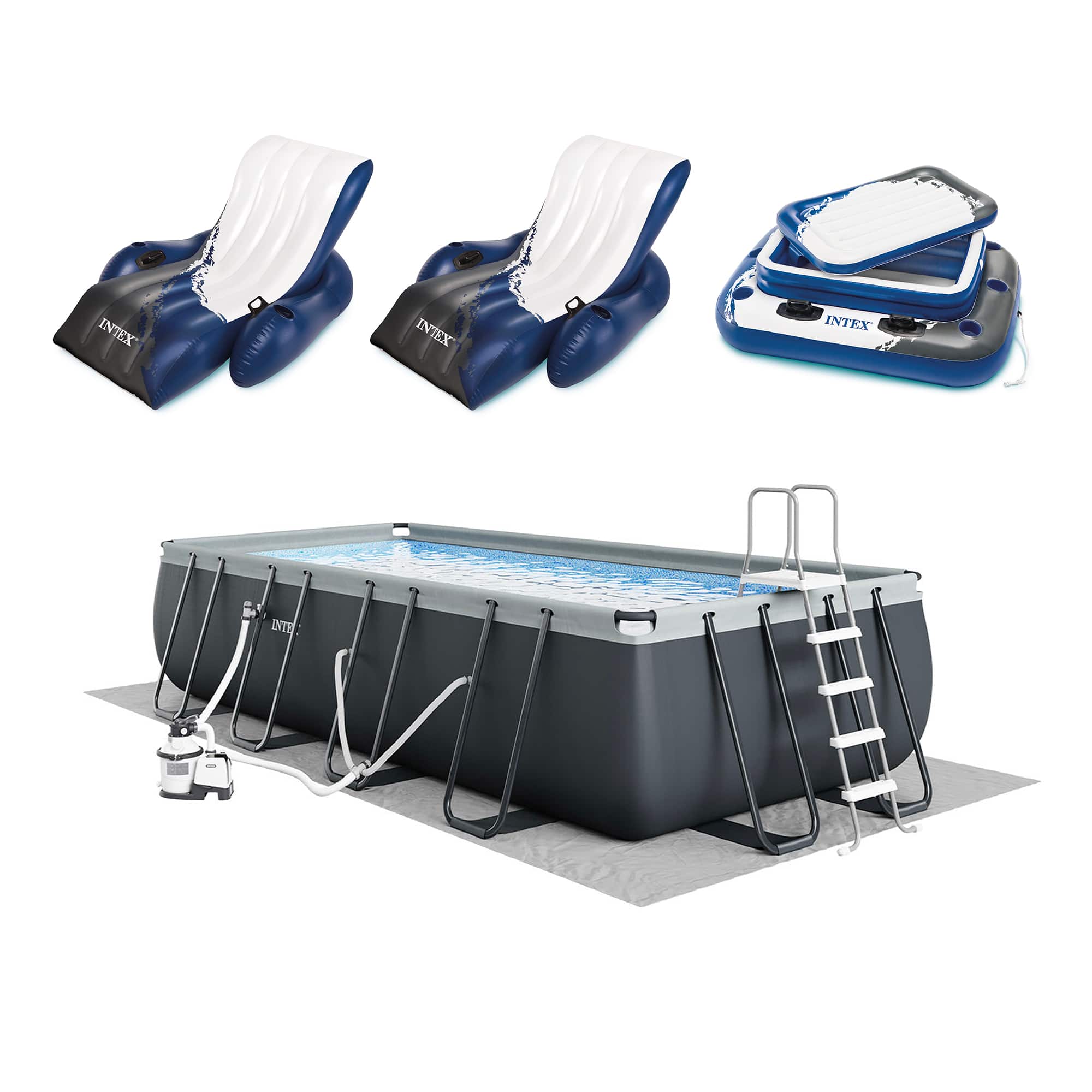 Intex - 18ft x 9ft x 52in Ultra XTR Rectangular Pool, Floats (2 Pack), and Cooler