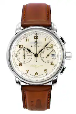 Zeppelin - Mediterranee Chronograph Tachymeter Quartz Z96705 Mens Watch Leather Strap Beige Dial - Brown