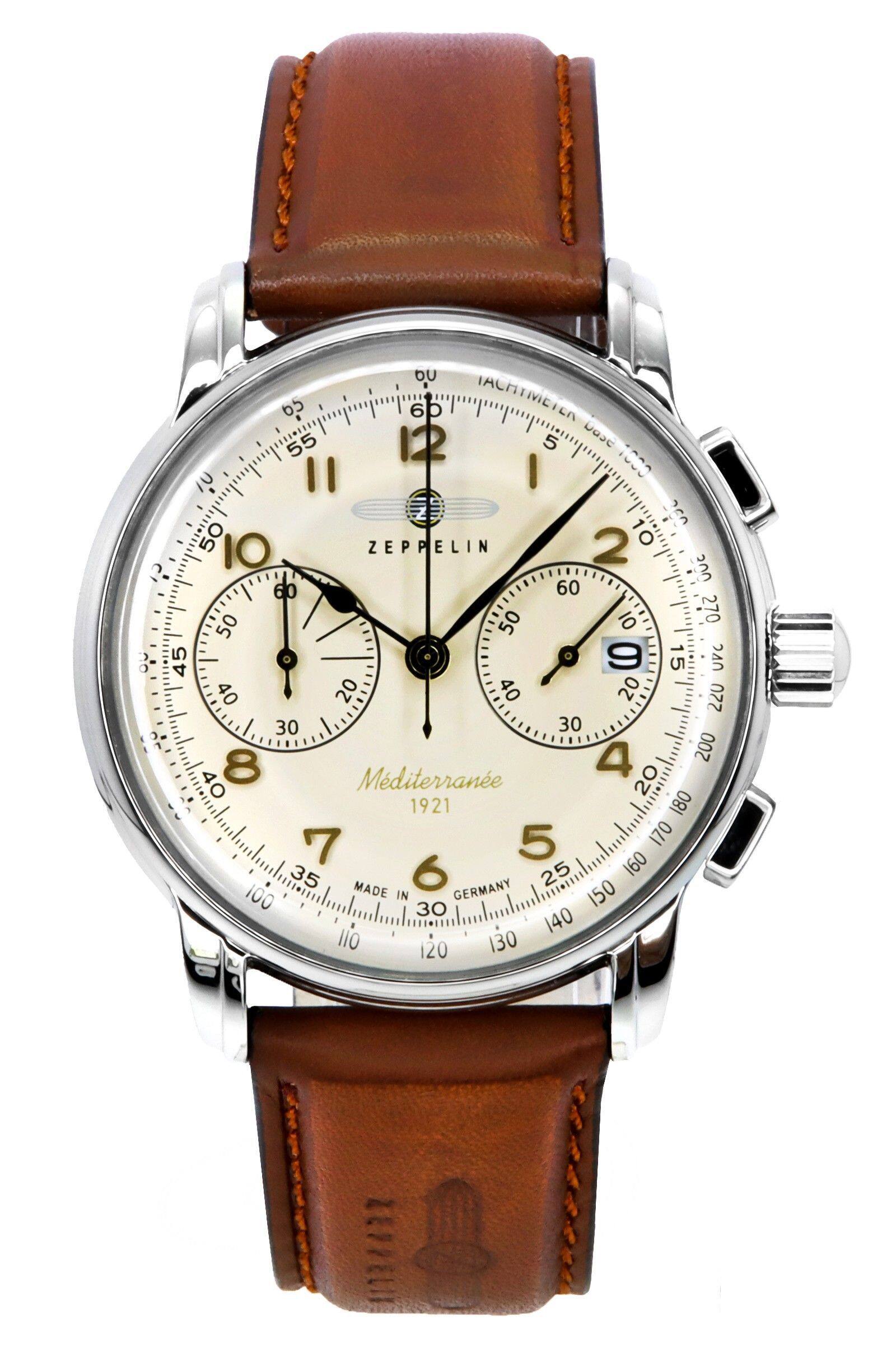 Zeppelin - Mediterranee Chronograph Tachymeter Quartz Z96705 Mens Watch Leather Strap Beige Dial - Brown