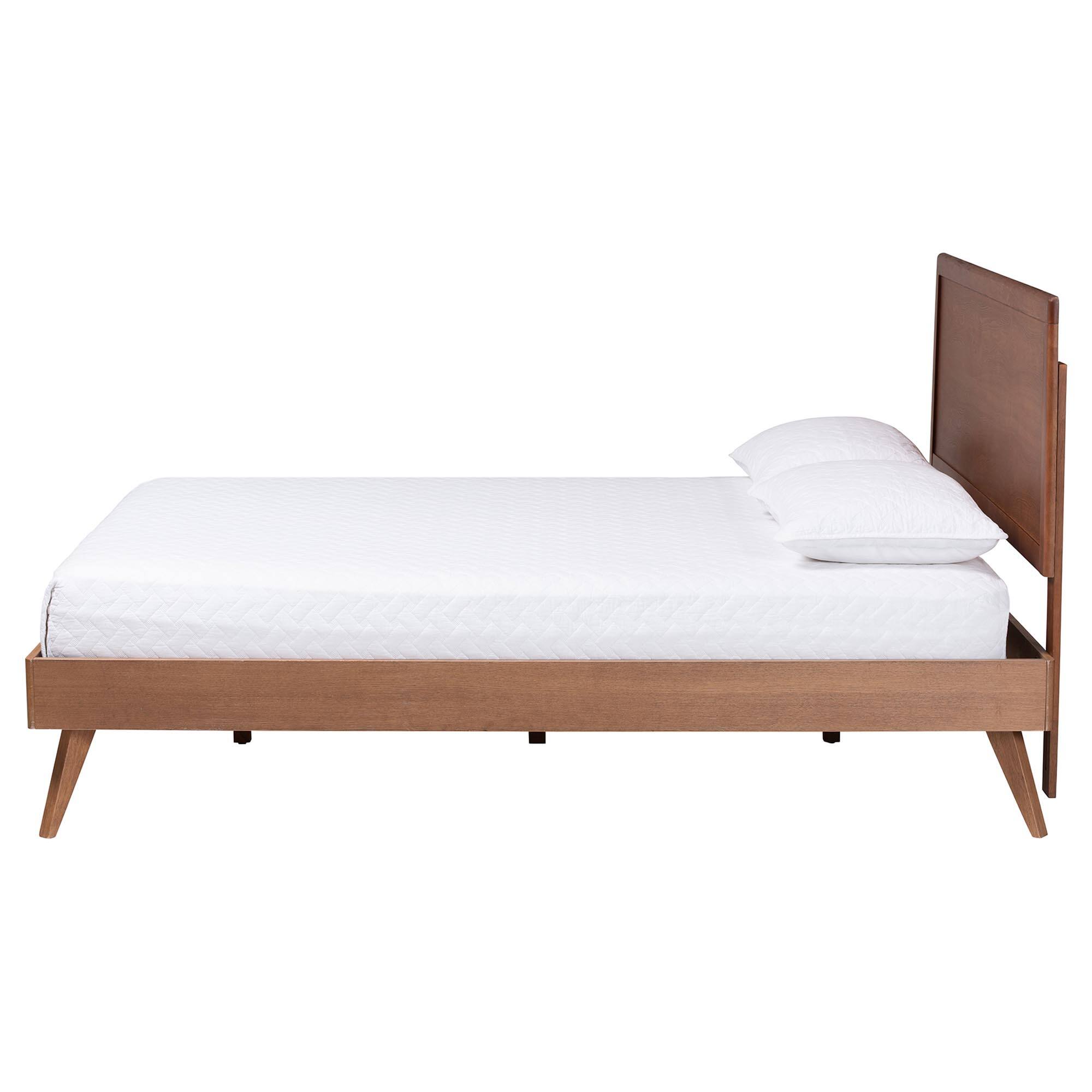 Angle. Baxton Studio - Jiro Platform Bed - Mid-Century Modern Wood Bed Frame with Panel Headboard and Angled Legs, Queen - Ash Walnut.
