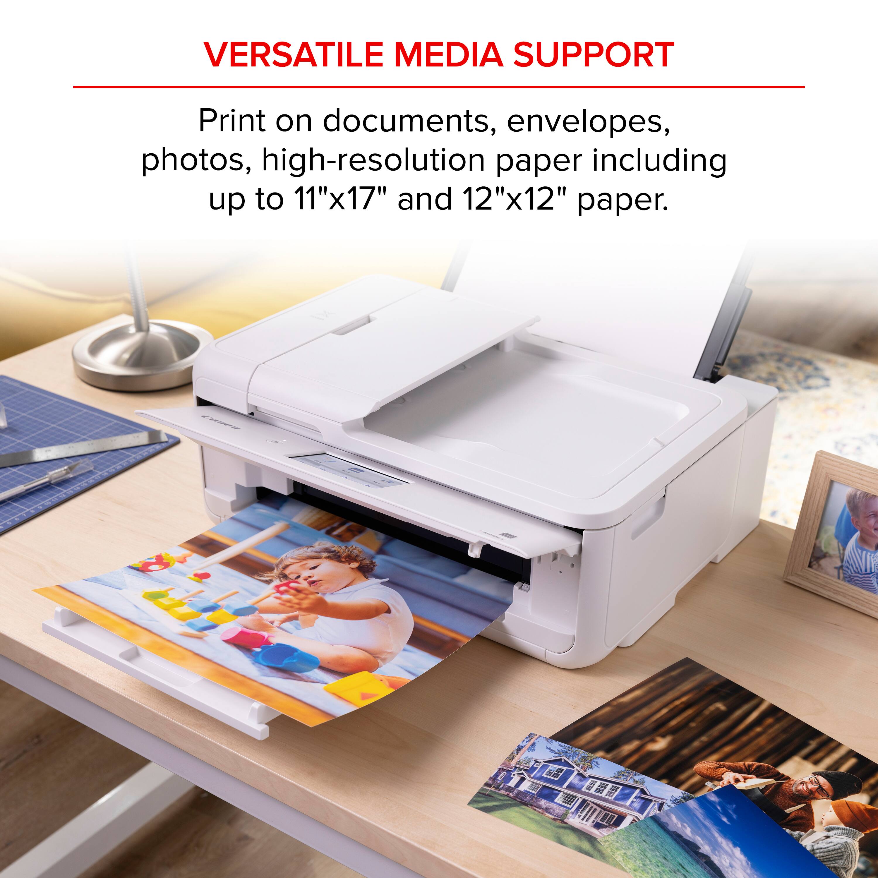 Versatile Media Support: Print on documents, envelopes, photos, and high-resolution paper, including up to 11"x17" and 12"x12" paper.