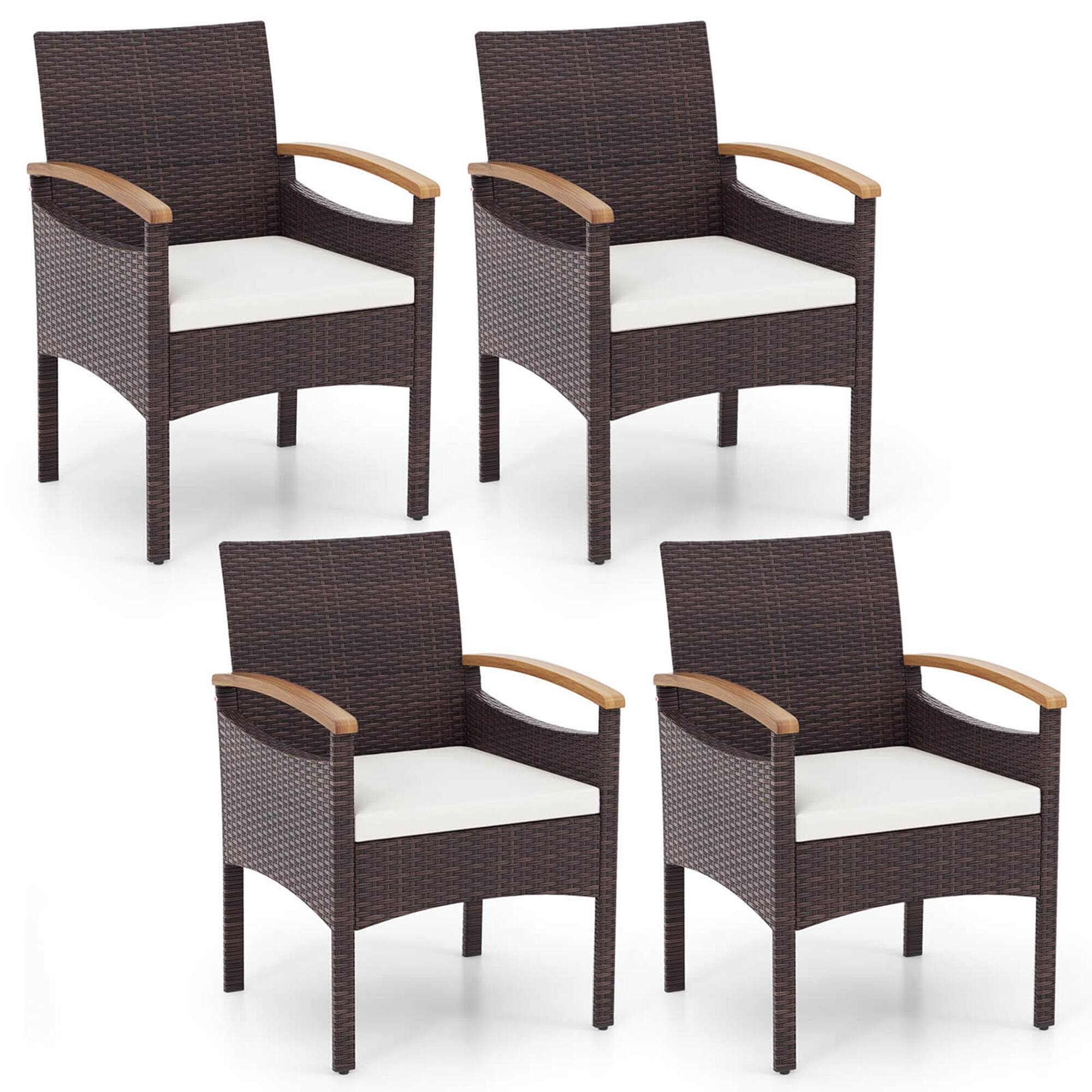 Costway - Patio Dining Chairs Set of 4 with Acacia Wood Armrest Heavy Duty Metal Frame - Mix Brown + Off White