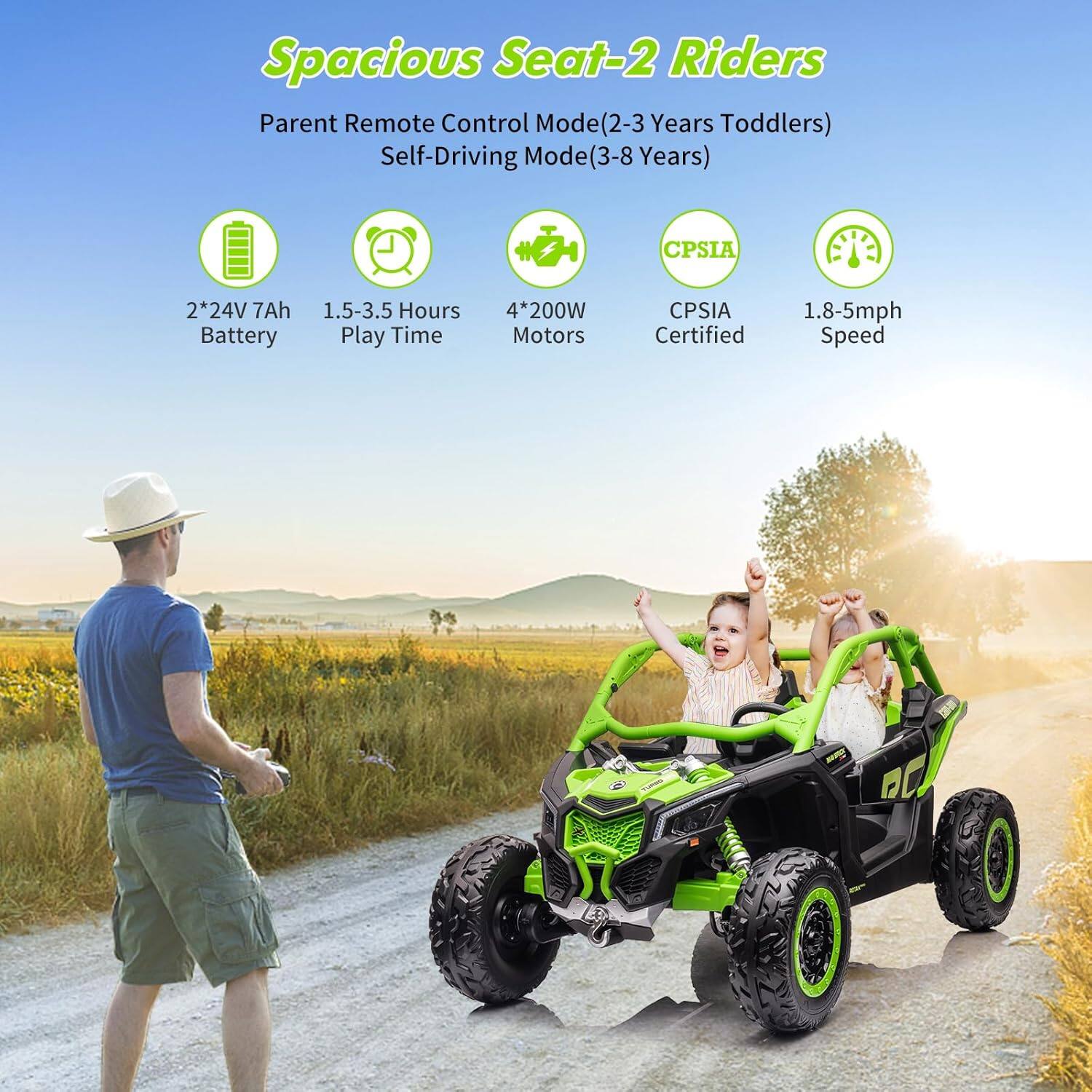 Spacious Seat-2 Riders

Parent Remote Control Mode (2-3 Years Toddlers)  
Self-Driving Mode (3-8 Years)

- 2*24V 7Ah Battery
- 1.5-3.5 Hours Play Time
- 4*200W Motors
- CPSIA Certified
- 1.8-5mph Speed