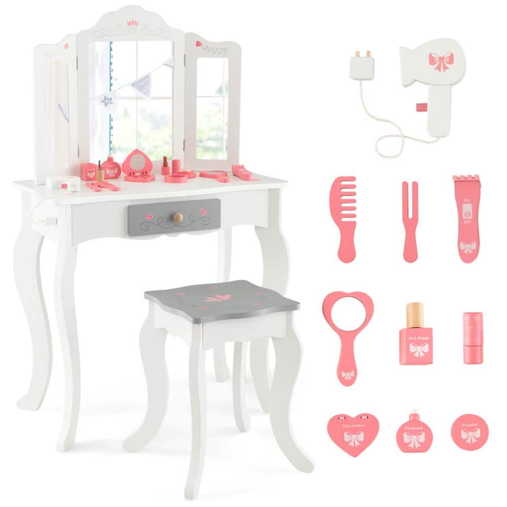Pefilos - Kids Vanity Set with Tri-folding Mirror- Girls Vanity for Girls Kids - White