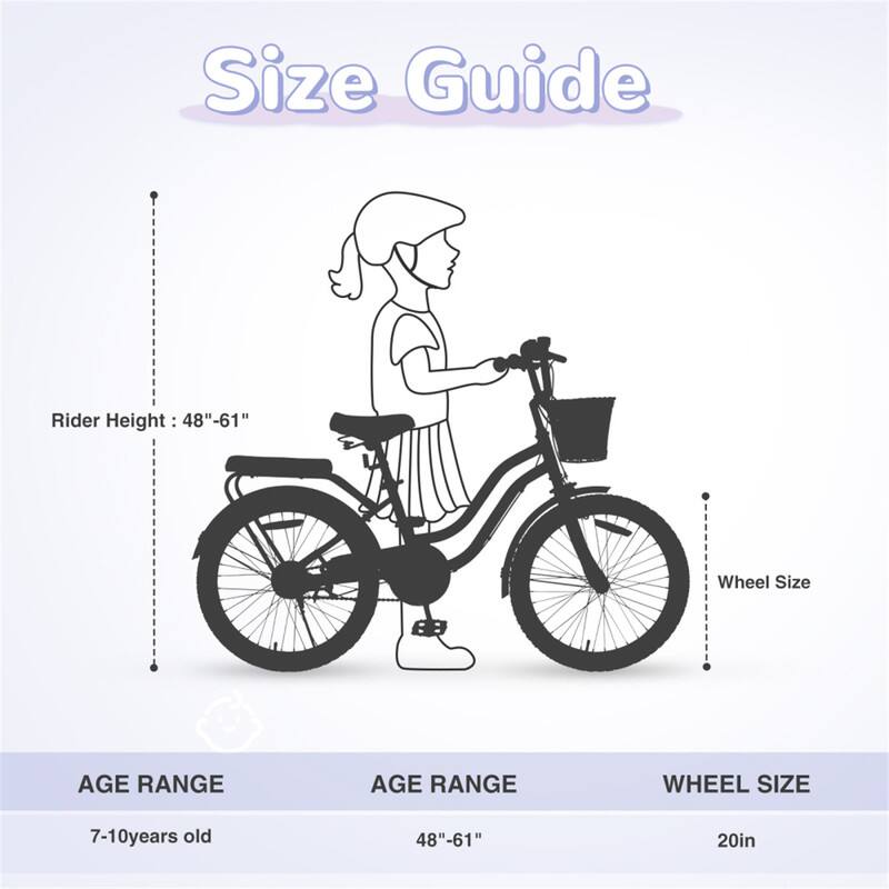 Size Guide

Rider Height: 48"-61"

AGE RANGE | AGE RANGE | WHEEL SIZE

7-10 years old | 48"-61" | 20in