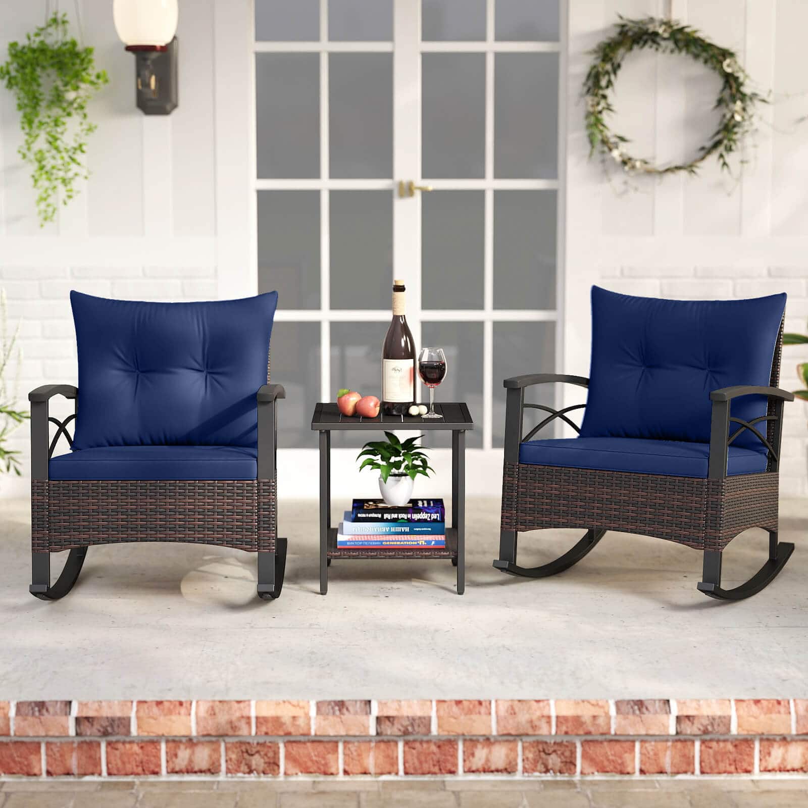 Costway - 3 PCS Rattan Rocking Chair Set with Acacia Wood Tabletop Armrests for Porch, Balcony - Mix Brown + Navy