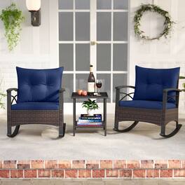 Costway - 3 PCS Rattan Rocking Chair Set with Acacia Wood Tabletop Armrests for Porch, Balcony - Mix Brown + Navy