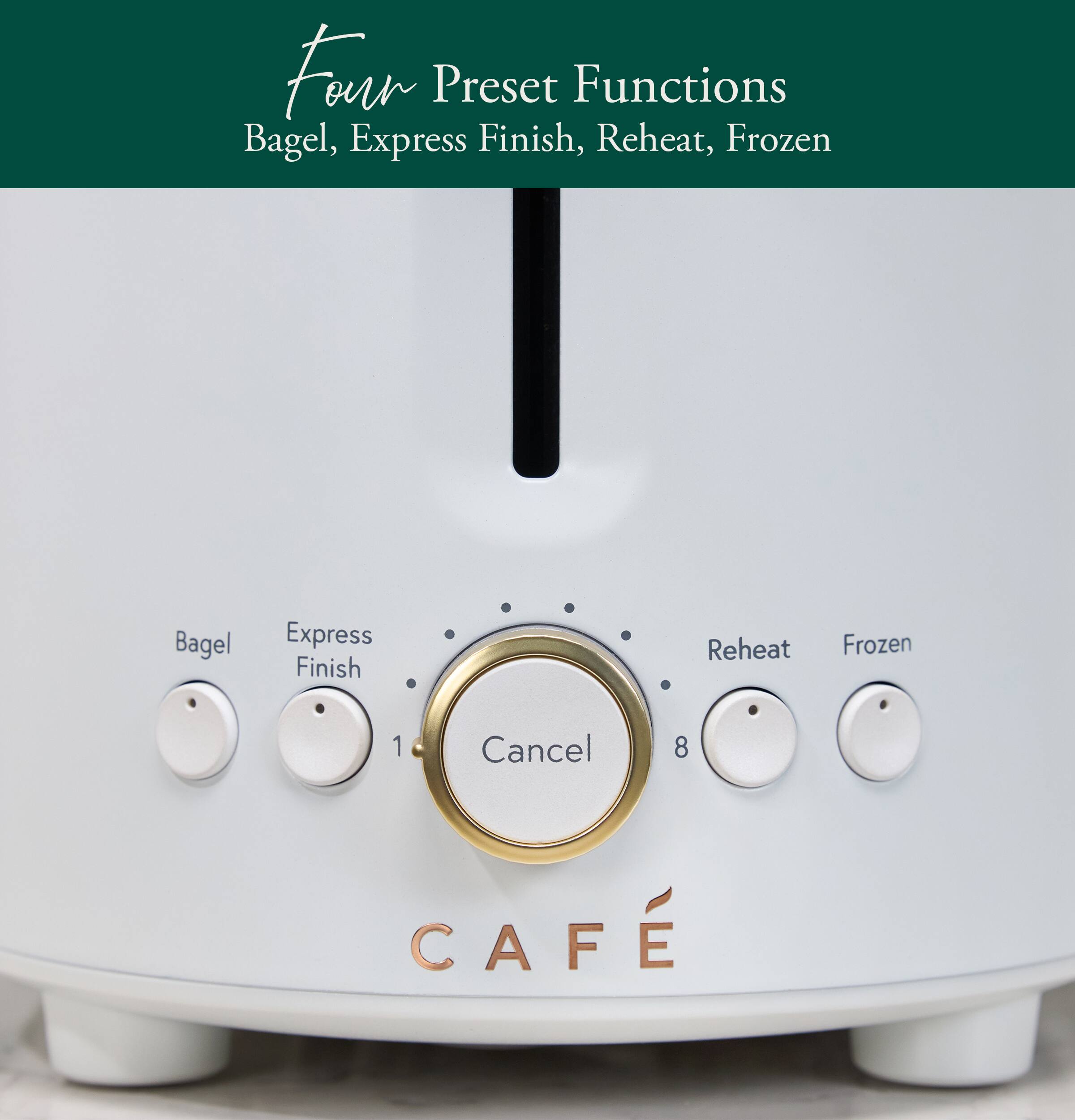 Four Preset Functions  
Bagel, Express Finish, Reheat, Frozen

Bagel  
Express Finish  
Reheat  
Frozen

1  
Cancel  
8

CAFE