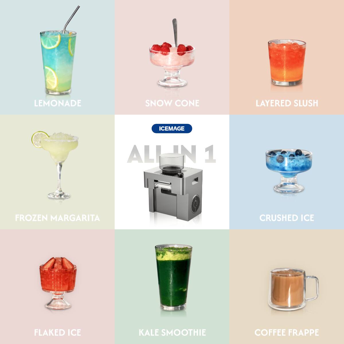 LEMONADE SNOW CONE LAYERED SLUSH FROZEN MARGARITA CRUSHED ICE FLAKED ICE KALE SMOOTHIE COFFEE FRAPPE