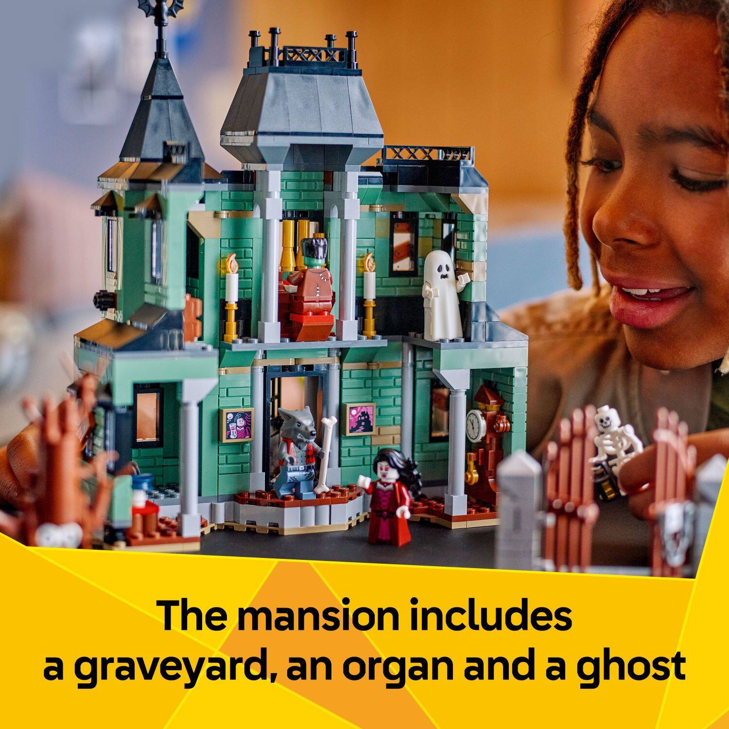The mansion includes a graveyard, an organ and a ghost.