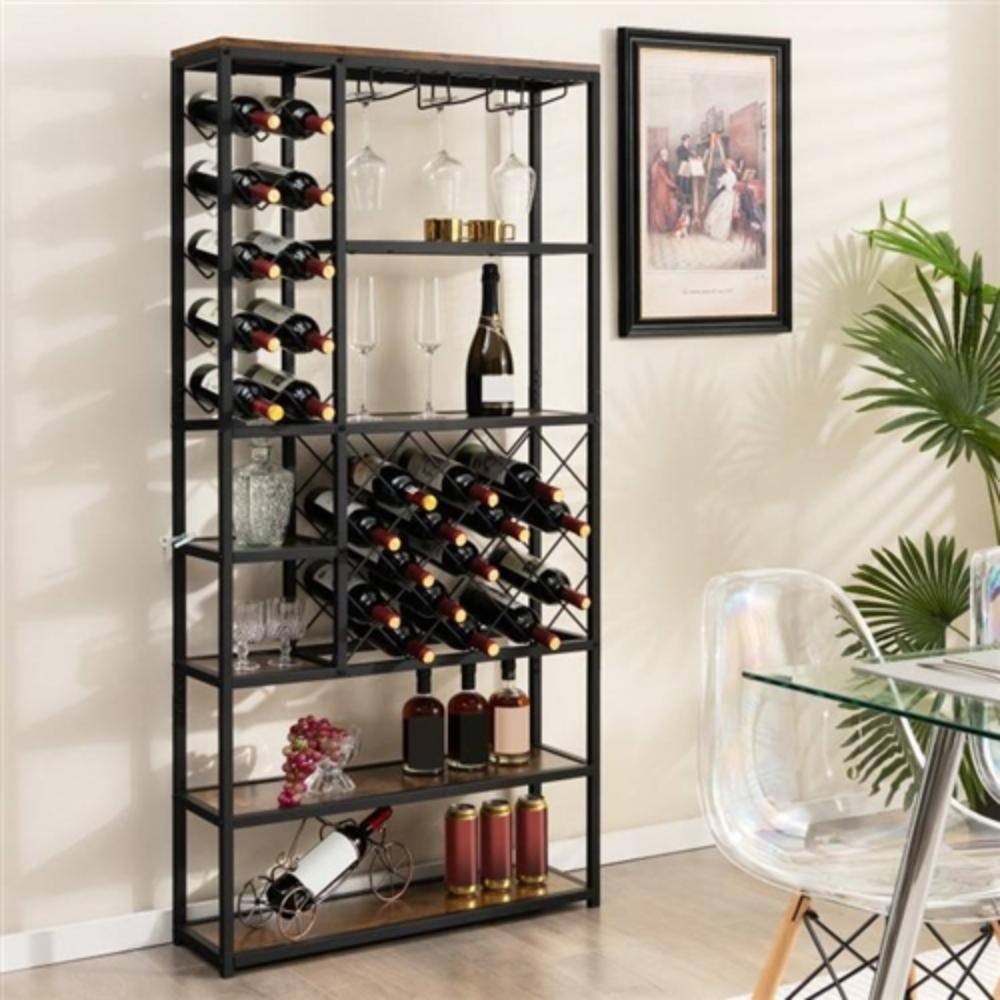 Angle. Hivvago - Heavy Duty Industrial Metal Wood 6 Tier Wine Rack Kitchen Storage Shelving Unit - Black, Brown.