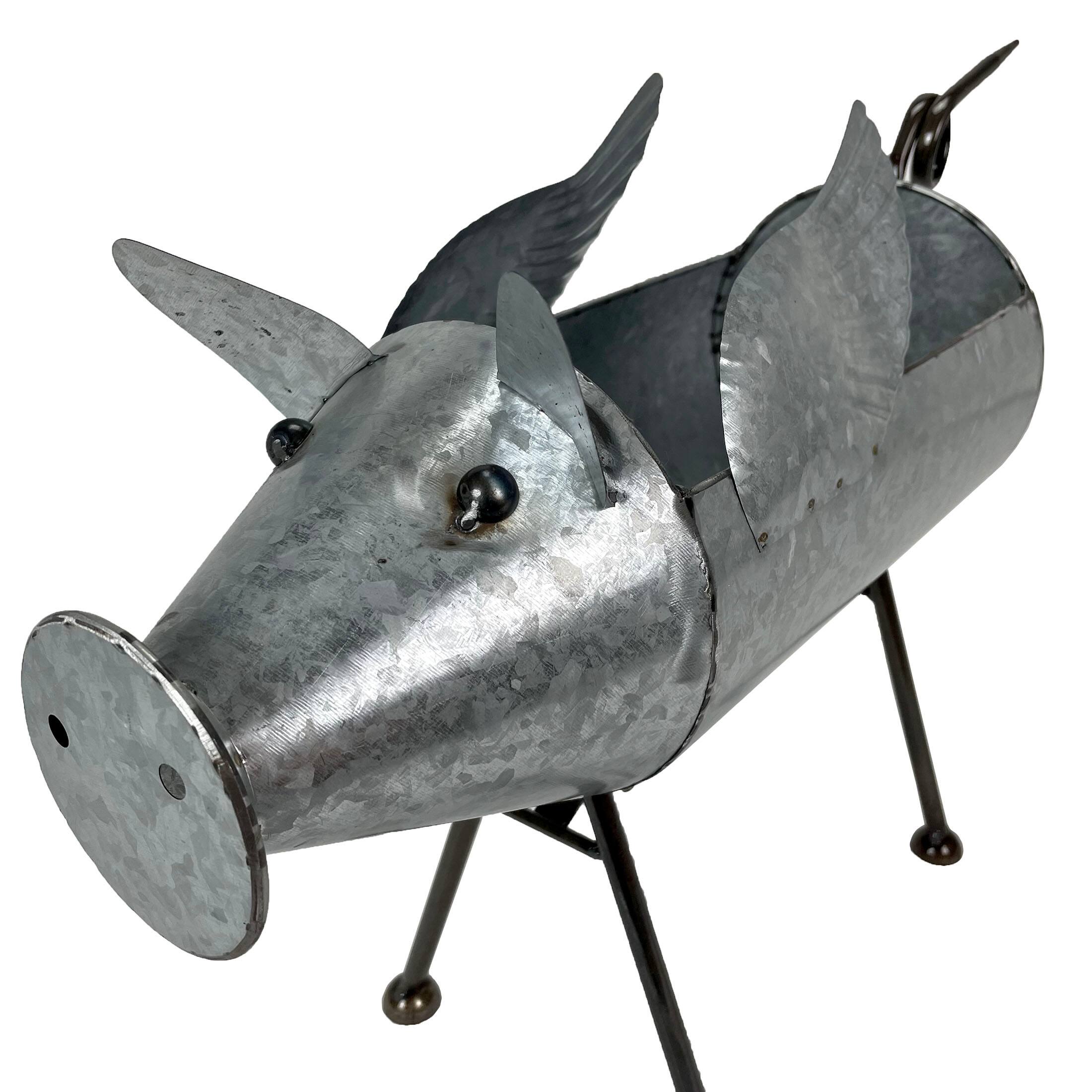 Alt View 8. Zeckos - Set of 2 Flying Pig Planters - Distressed Metal - Whimsical Farmhouse Decor - Flying Silver.