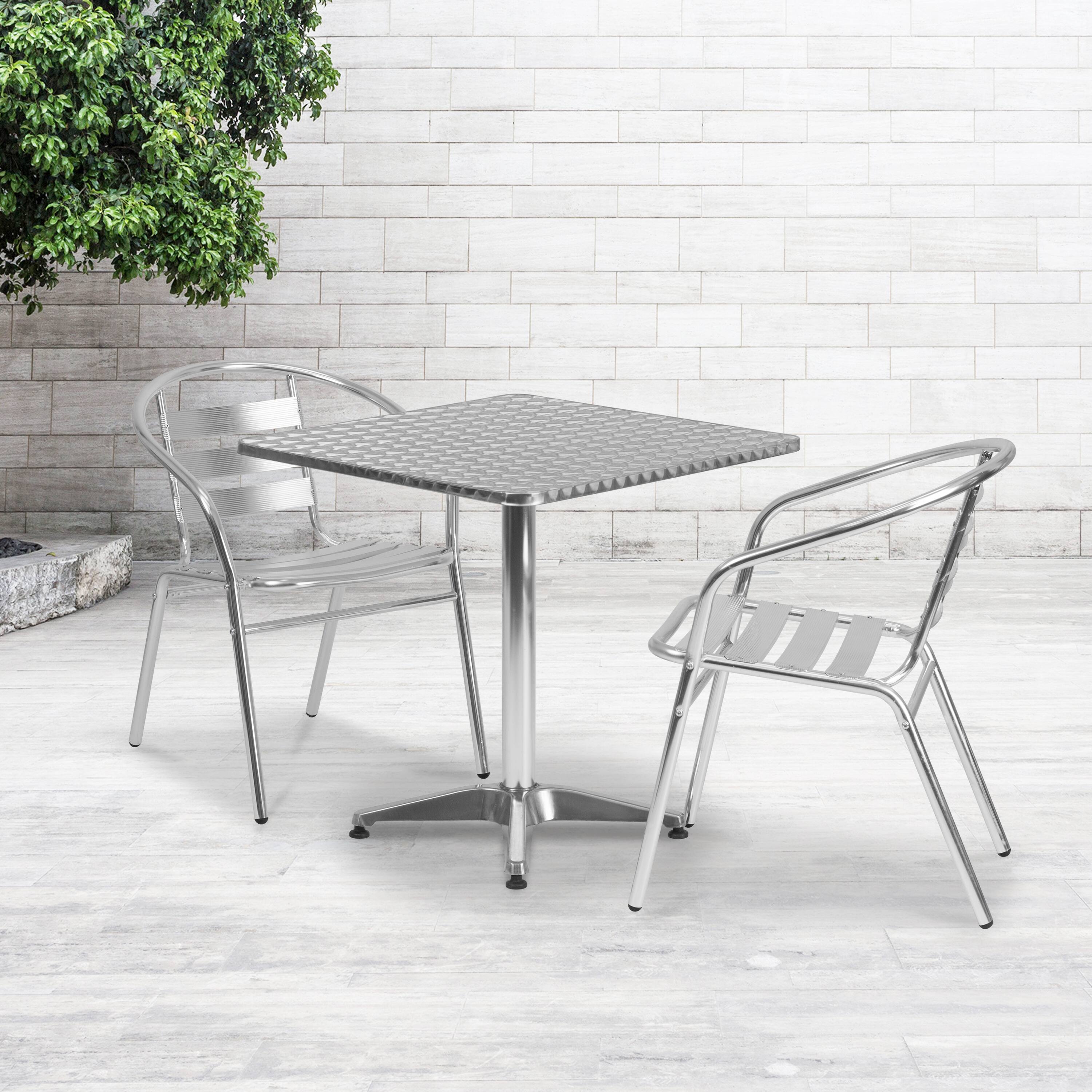 Alt View 1. Emma + Oliver - 27.5'' Square Aluminum Indoor-Outdoor Table Set with 2 Slat Back Chairs - Aluminum.