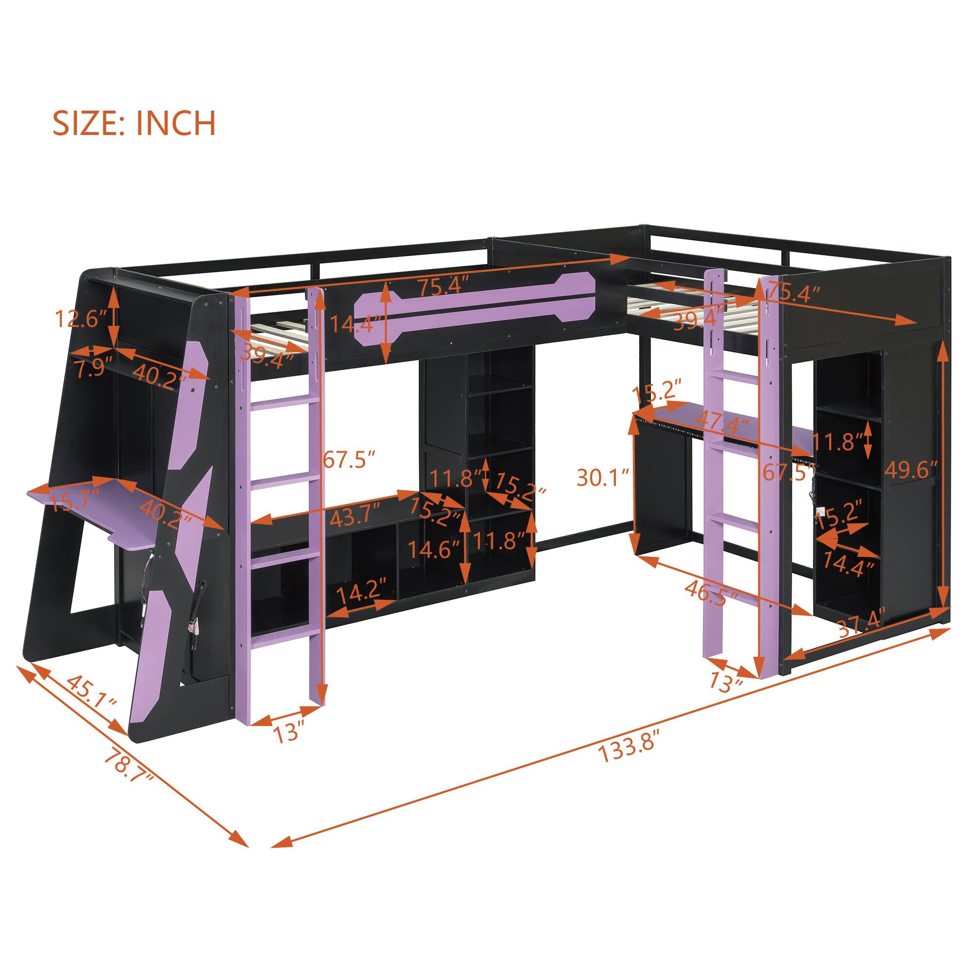 SIZE: INCH

- 12.6"
- 7.9"
- 40.2"
- 15.7"
- 40.2"
- 45.1"
- 78.7"
- 75.4"
- 75.4"
- 39.4"
- 14.4"
- 39"
- 9.4"
- 5.2"
- 47.4"
- 11.8"
- 67.5"
- 11.8"
- 30.1"
- 67.5"
- 49.6"
- 15.2"
- 43.7"
- 15.2"
- 15.2"
- 14.6"
- 11.8"
- 14.4"
- 14.2"
- 46.5"
- 37.4"
- 13"
- 13"
- 133.8"
