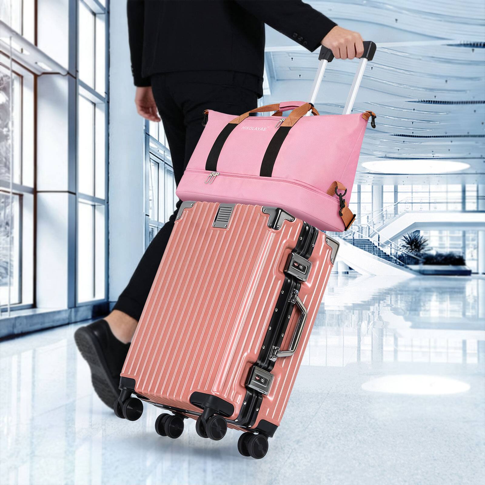 Alt View 4. Oumilen - 2 Piece Pink Travel Set – 20" ABS Aluminum Carry On with TSA Lock + Expandable Tote, Silent Wheels - Pink.