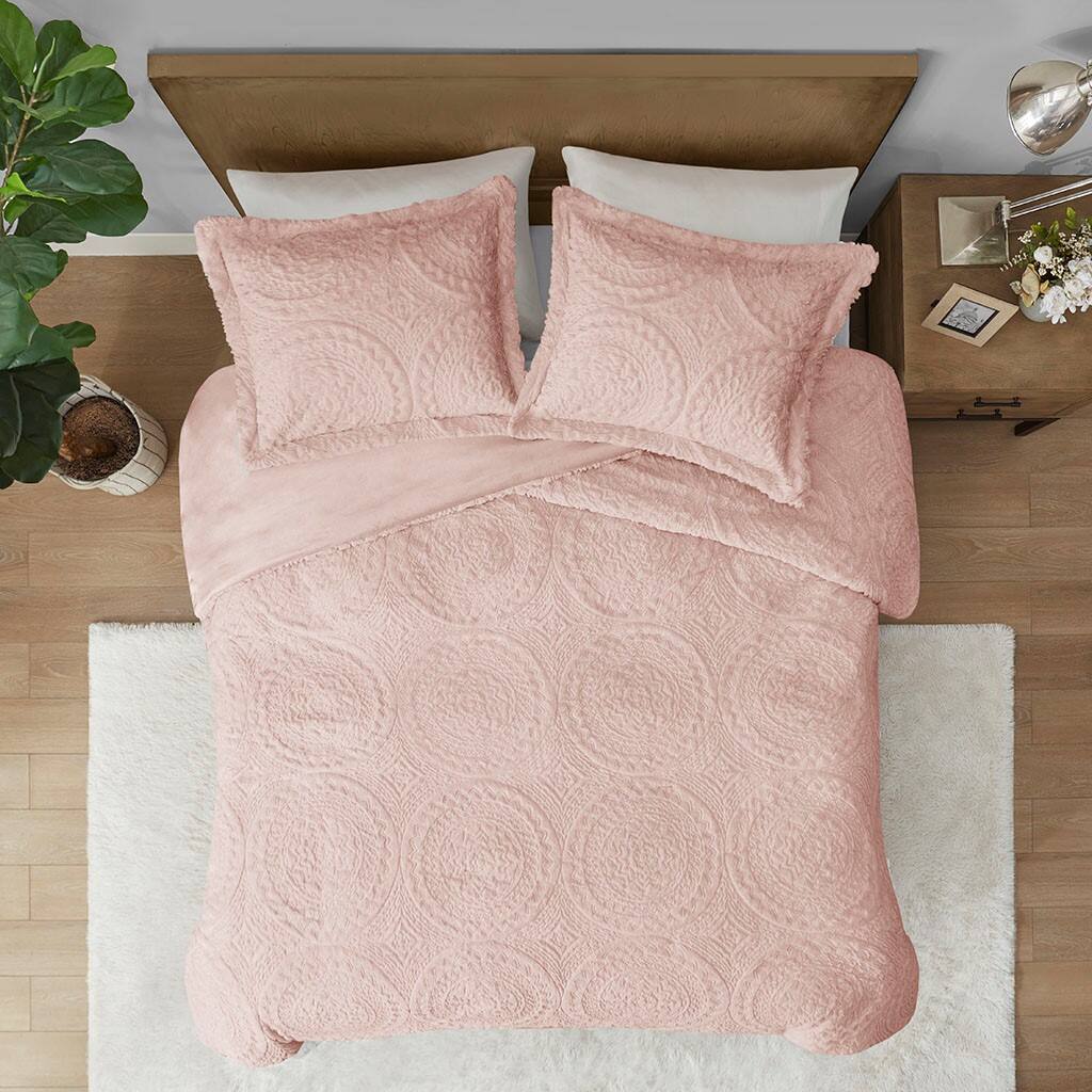 Back. TinyHomie - King/Cal King Embroidered Medallion Faux Fur Ultra Plush Comforter Mini Set - Blush.