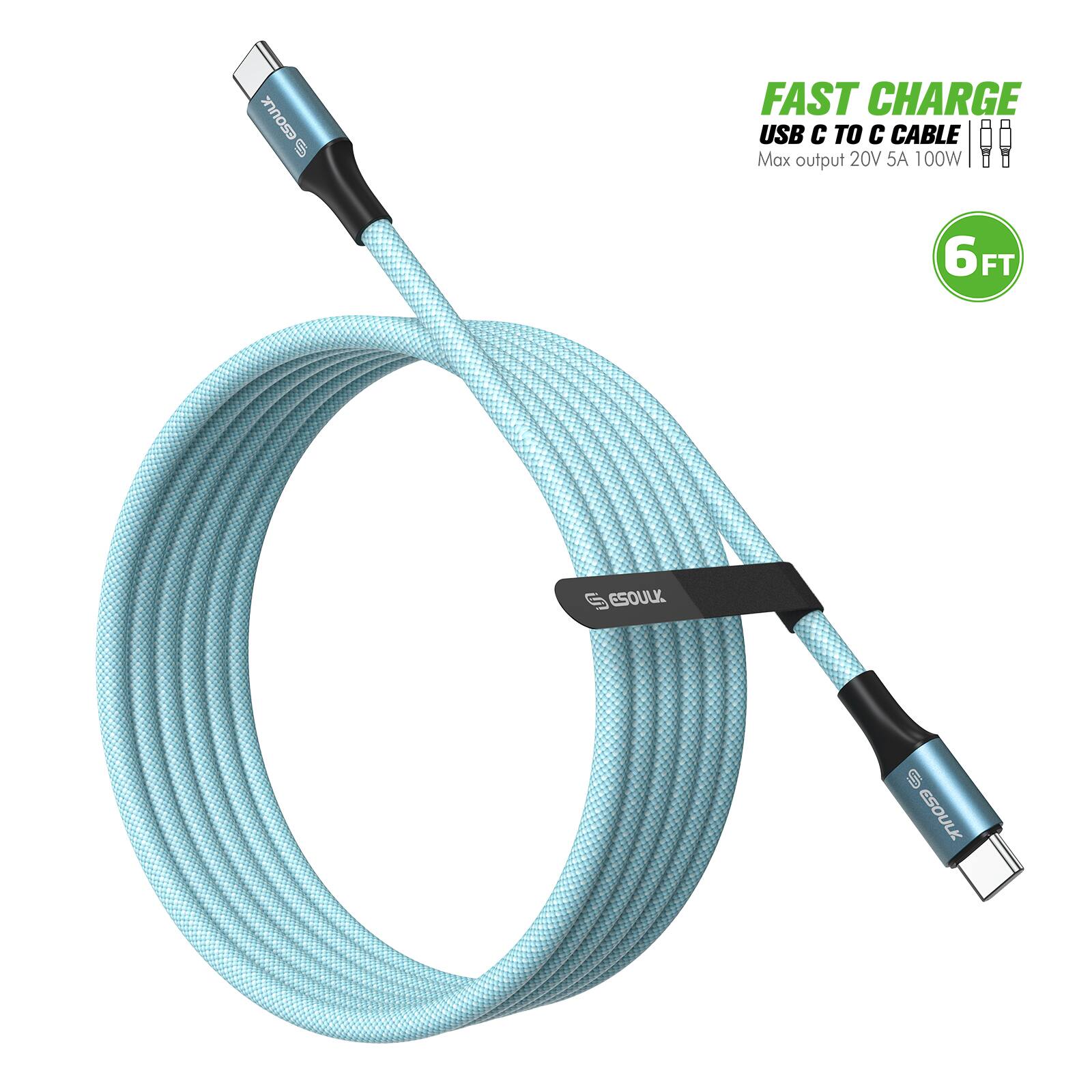 ESOULK FAST CHARGE USB C TO C CABLE  
Max output 20V 5A 100W  
6 FT