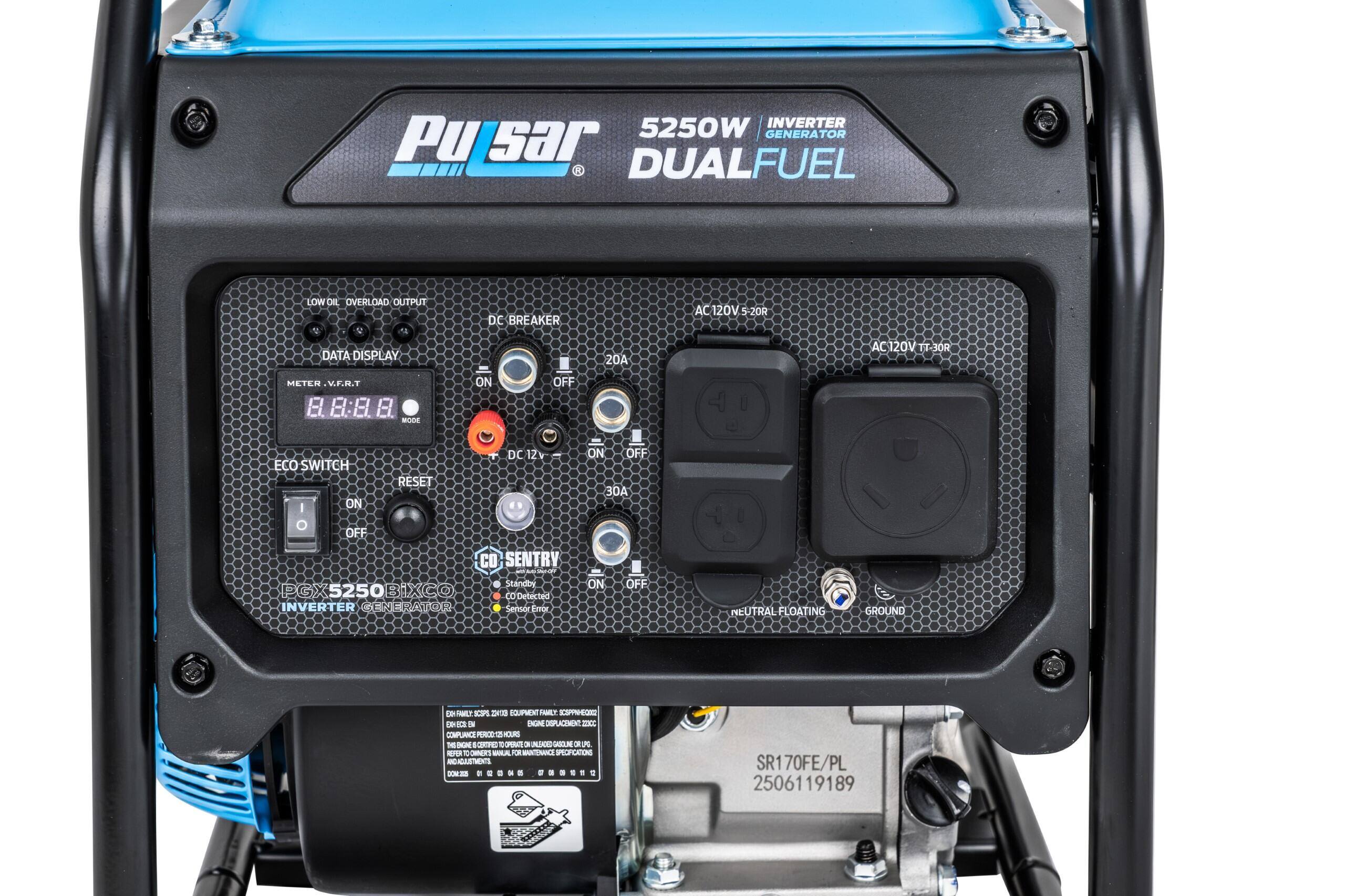 5250W INVERTER GENERATOR  
Pulsar DUALFUEL  

LOW OIL OVERLOAD OUTPUT  
DATA DISPLAY  
METER V.F.R.T.  
8.8.8.8  

DC BREAKER 20A  
AC 120V 5-20R  
AC 120V TT-30R  

ECO SWITCH  
ON OFF  

CO SENTRY  
Standby  
CO Detected  
Sensor Error  

DC 12V  
ON OFF  

30A  
ON OFF  

NEUTRAL FLOATING  
GROUND  

PGX 5250 BIXCO  
INVERTER GENERATOR  

SR170FE/PL  
2506119189