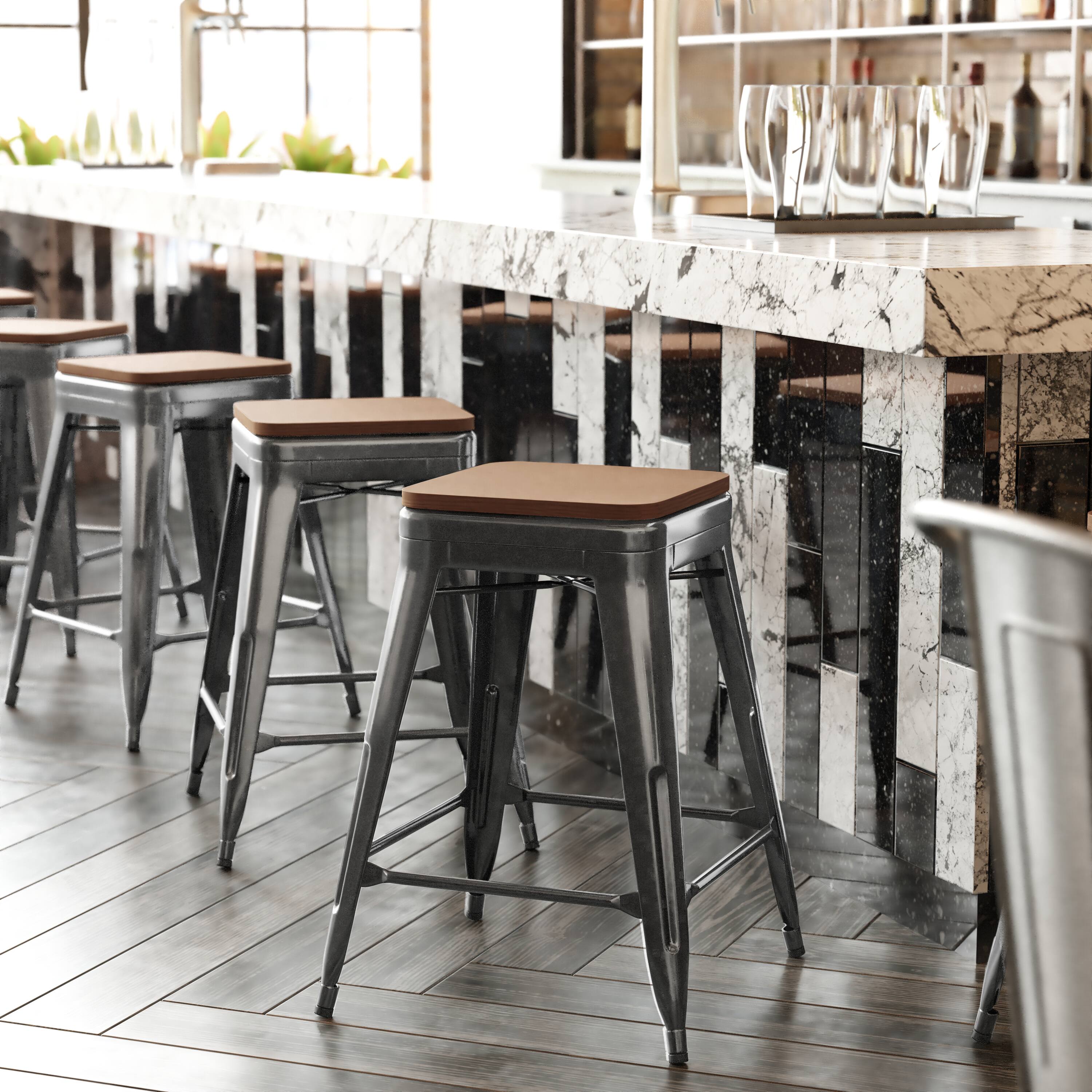 Alt View 1. Emma + Oliver - Kam Backless Metal Indoor-Outdoor Stool with All-Weather Polystyrene Seat - Teak Seat/Black Frame.