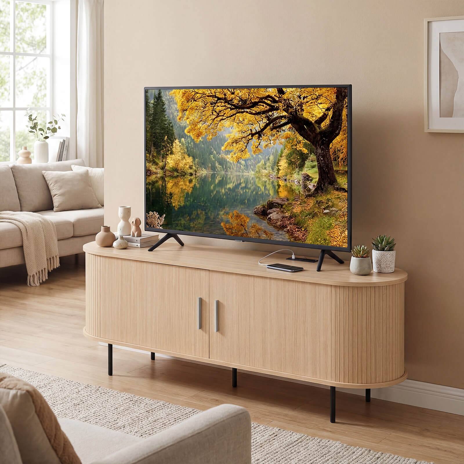 Alt View 4. Costway - Costway Fluted TV Stand for TVs up to 60", Mid Century Curved Entertainment Center - Natural.