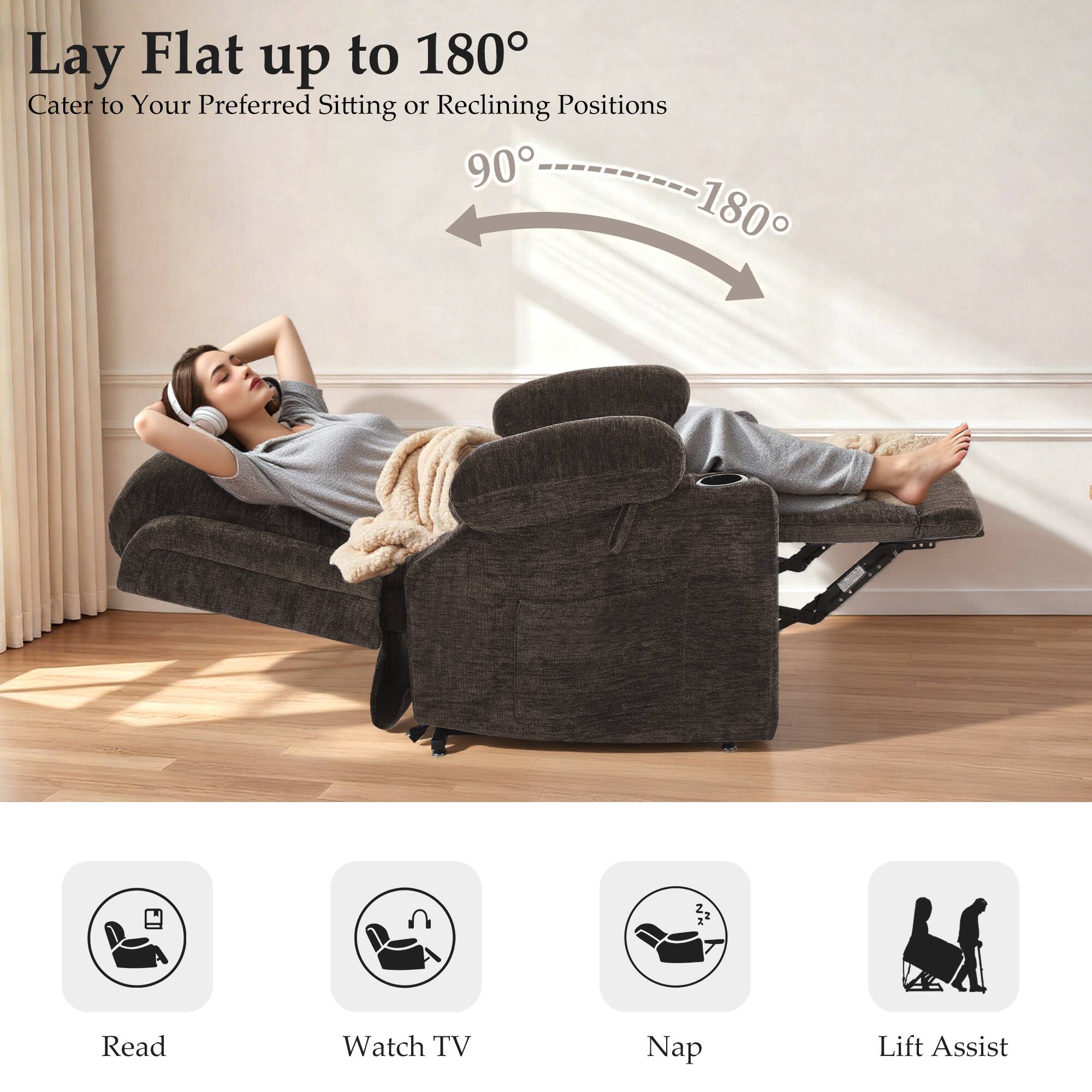 Lay Flat up to 180°  
Cater to Your Preferred Sitting or Reclining Positions  

90° - 180°  

Read  
Watch TV  
Nap  
Lift Assist