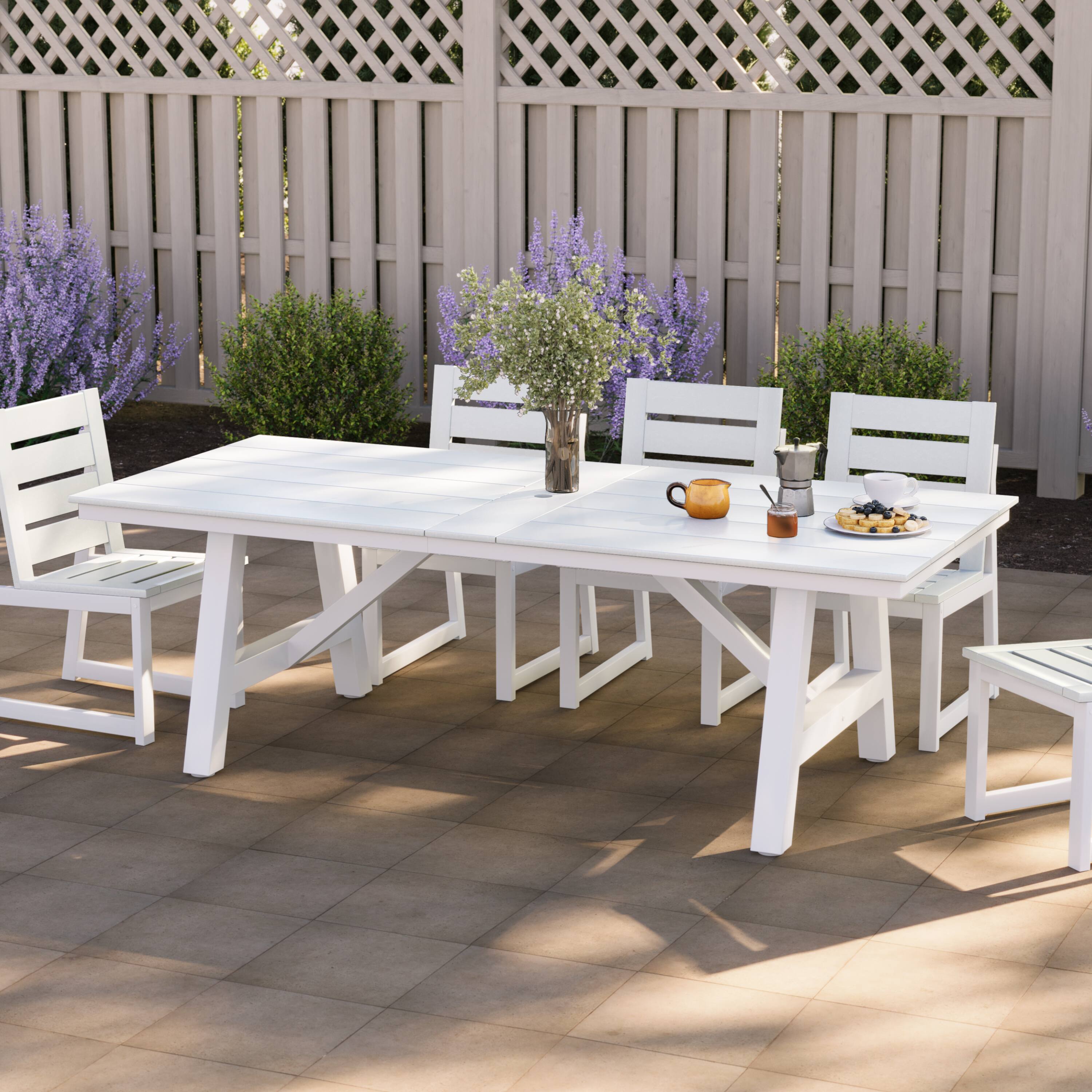 Angle. WestinTrends - WestinTrends Cape May 90" HDPE Rectangle Outdoor Patio Dining Table With Umbrella Hole and Metal Frame - White.