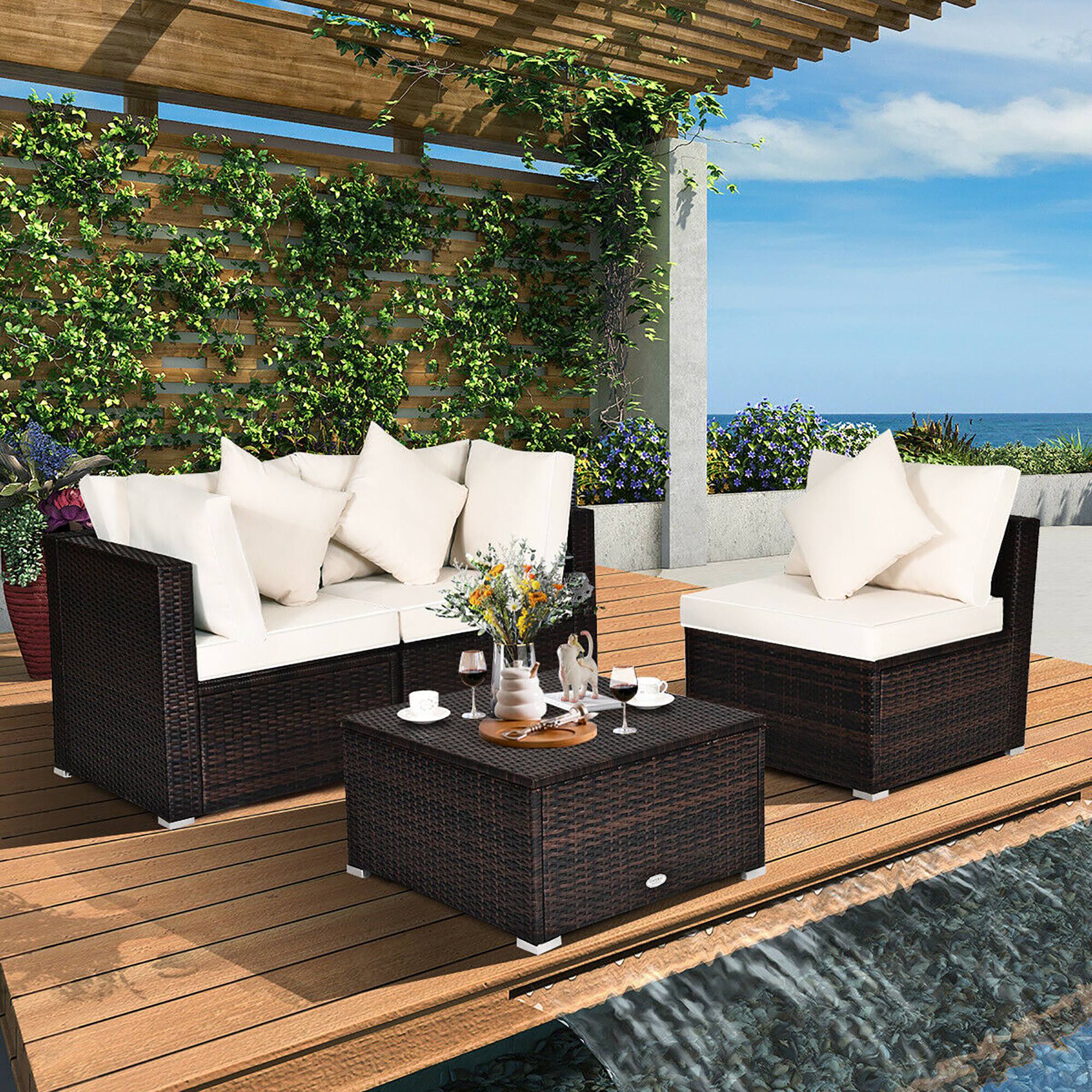 Alt View 1. Costway - 4PCS Patio Rattan Wicker Sofa Furniture Set Cushioned Conversation Ottoman Set - White.