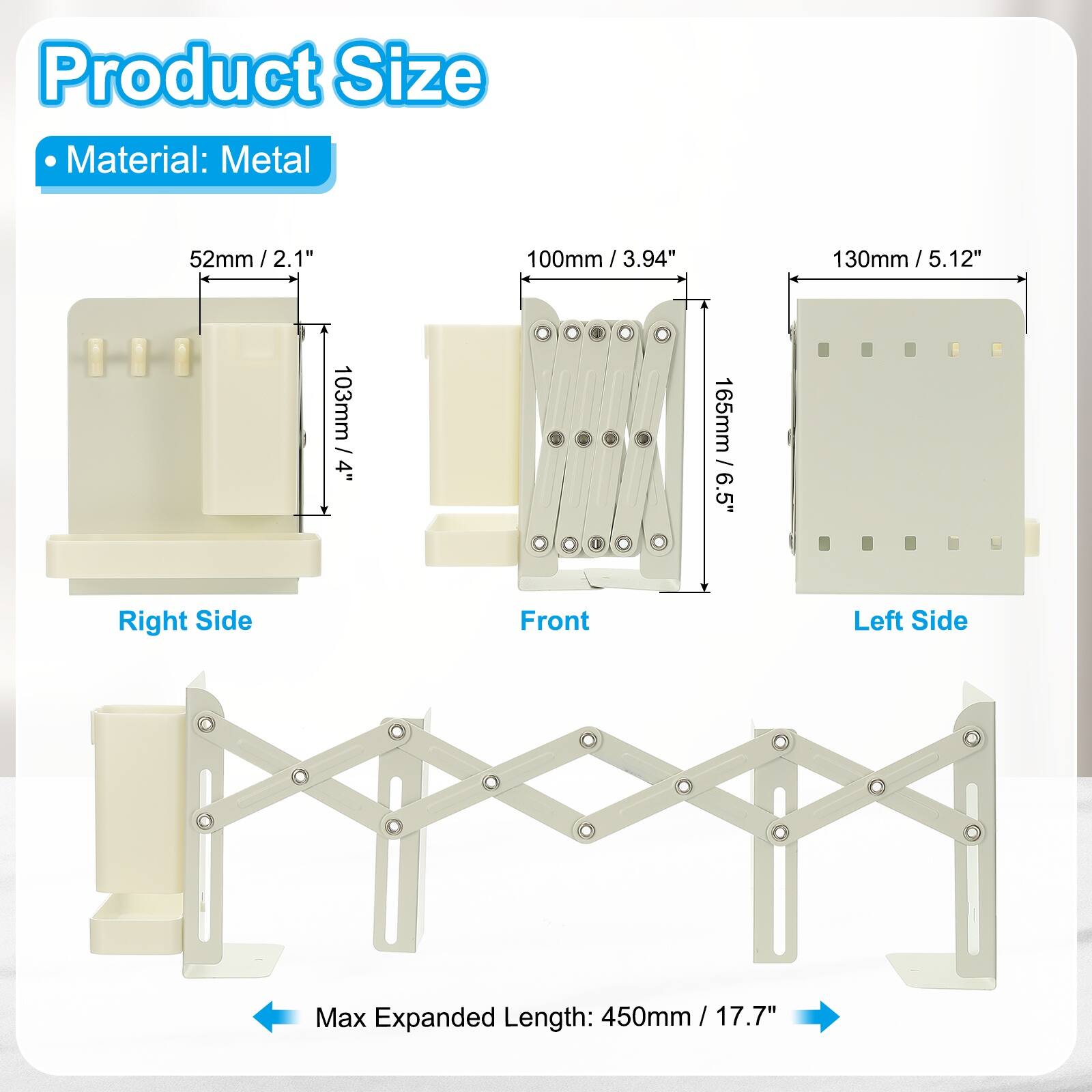 Product Size  
Material: Metal  

- Right Side: 52mm / 2.1"  
- Front: 100mm / 3.94"  
- Left Side: 130mm / 5.12"  

Max Expanded Length: 450mm / 17.7"