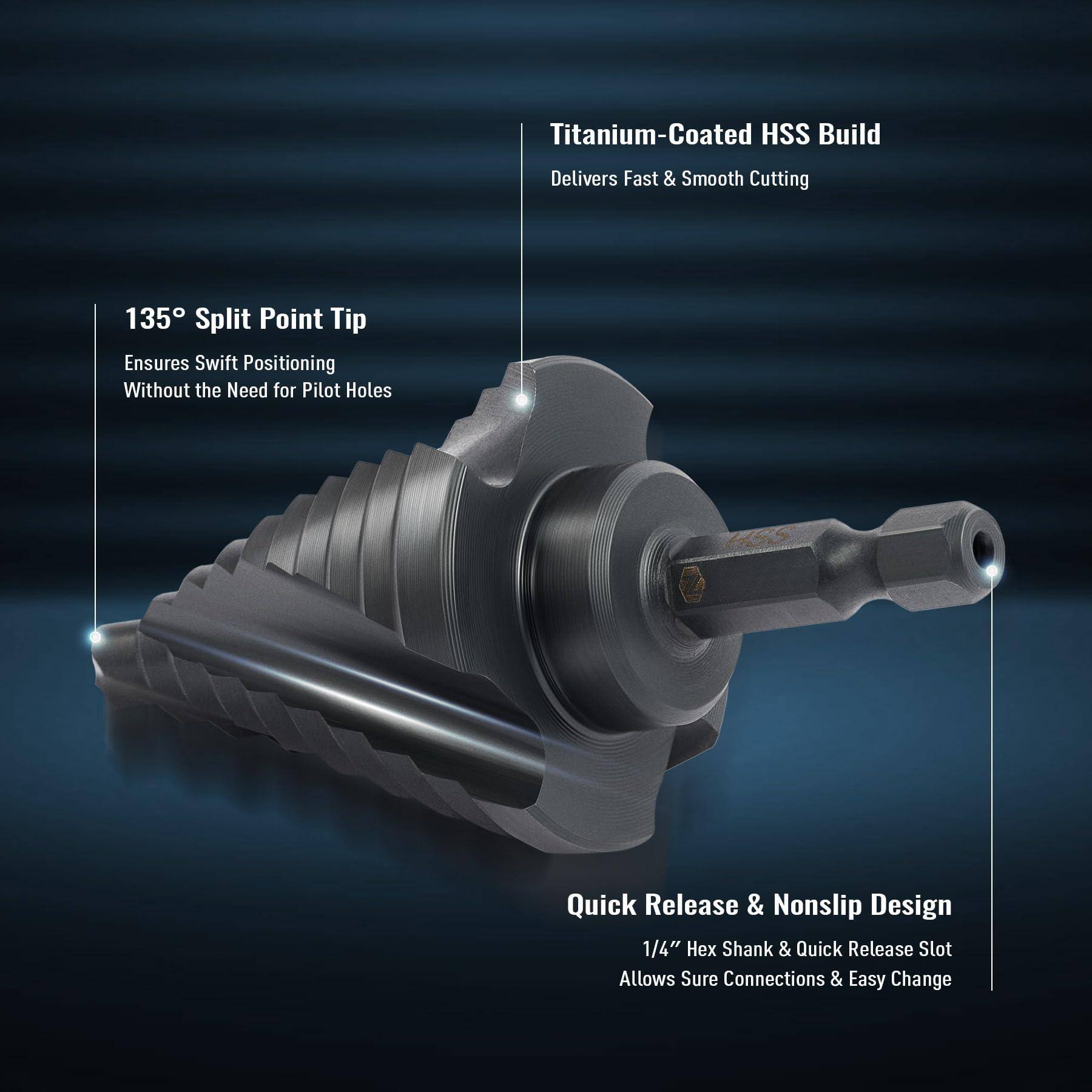 - Titanium-Coated HSS Build: Delivers Fast & Smooth Cutting
- 135° Split Point Tip: Ensures Swift Positioning Without the Need for Pilot Holes
- Quick Release & Nonslip Design: 1/4" Hex Shank & Quick Release Slot Allows Sure Connections & Easy Change