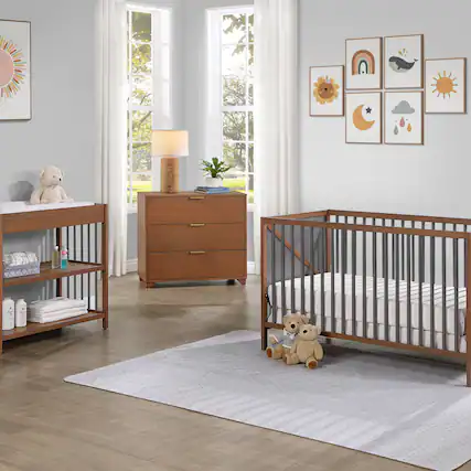 Front. GOODSILO - Convertible 3-in-1 Wooden Crib with Adjustable Mattress Heights and Mid-Century Modern Design - Walnut Brown.