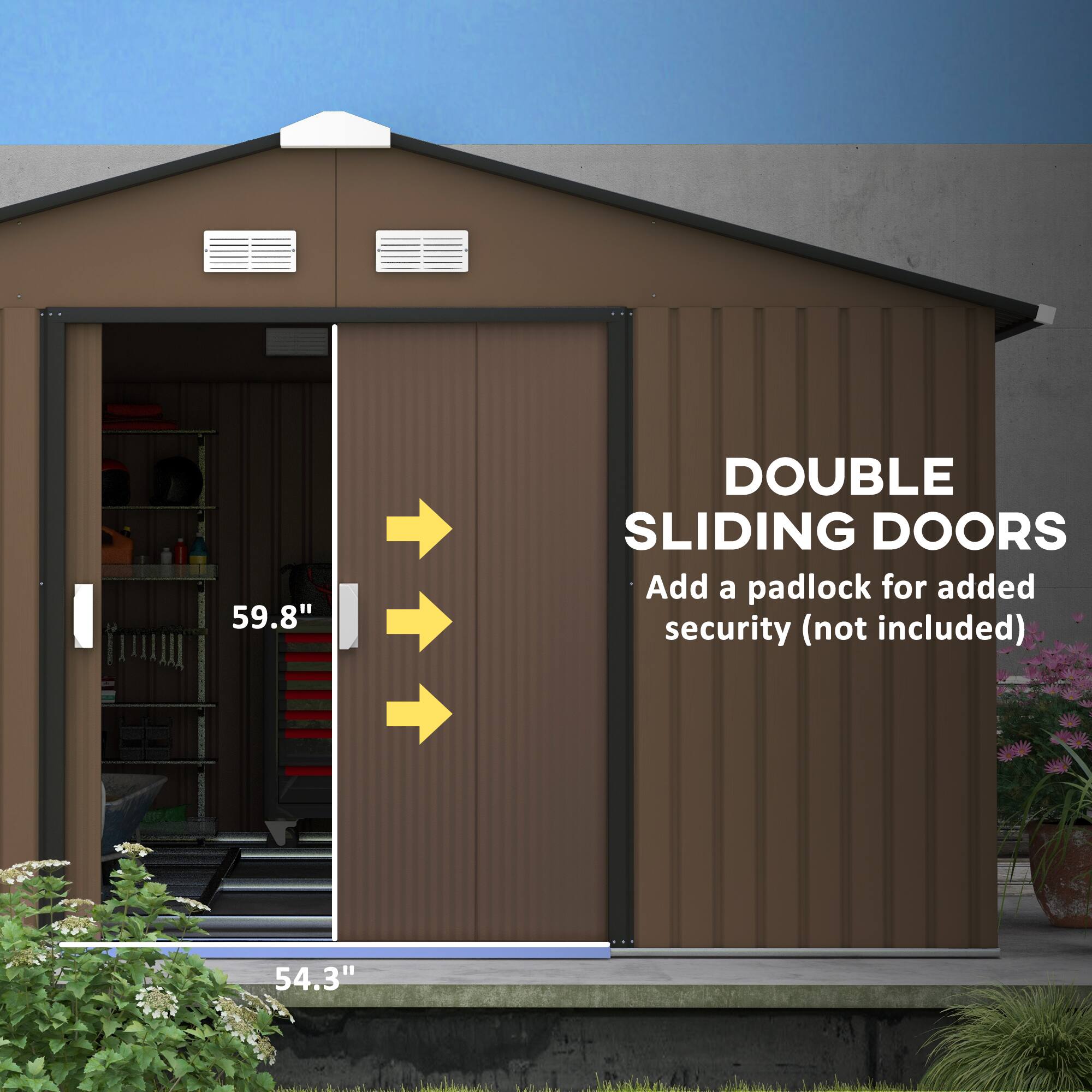 DOUBLE SLIDING DOORS
Add a padlock for added security (not included)
59.8"
54.3"