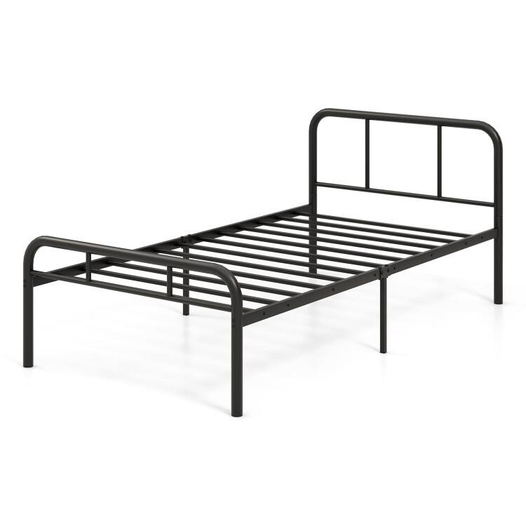 Front. SlickBlue - Modern Metal Platform Bed Frame with Curved Headboard and Footboard - Black.