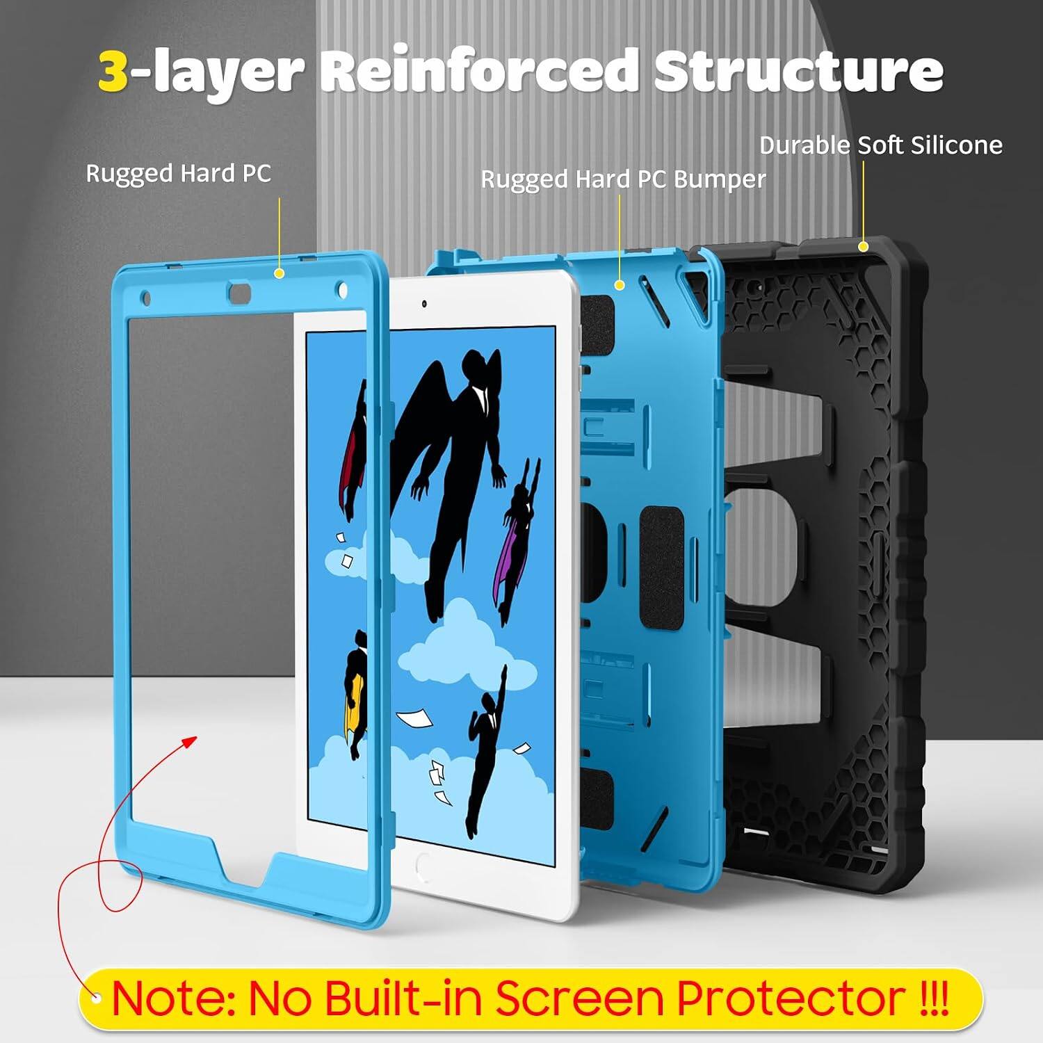 3-layer Reinforced Structure  
Durable Soft Silicone  
Rugged Hard PC  
Rugged Hard PC Bumper  

Note: No Built-in Screen Protector !!!