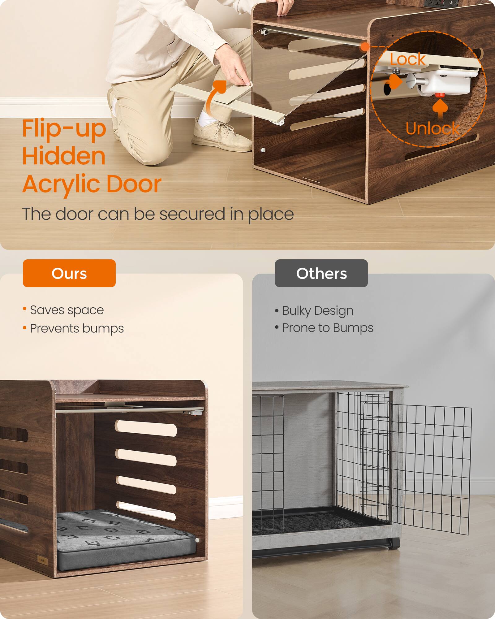 Flip-up Hidden Acrylic Door  
The door can be secured in place

Lock  
Unlock

Ours  
- Saves space  
- Prevents bumps

Others  
- Bulky Design  
- Prone to Bumps