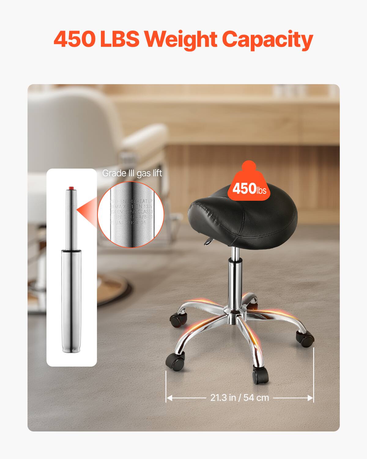 450 LBS Weight Capacity, Grade III gas lift, 450lbs, 21.3 in /54 cm