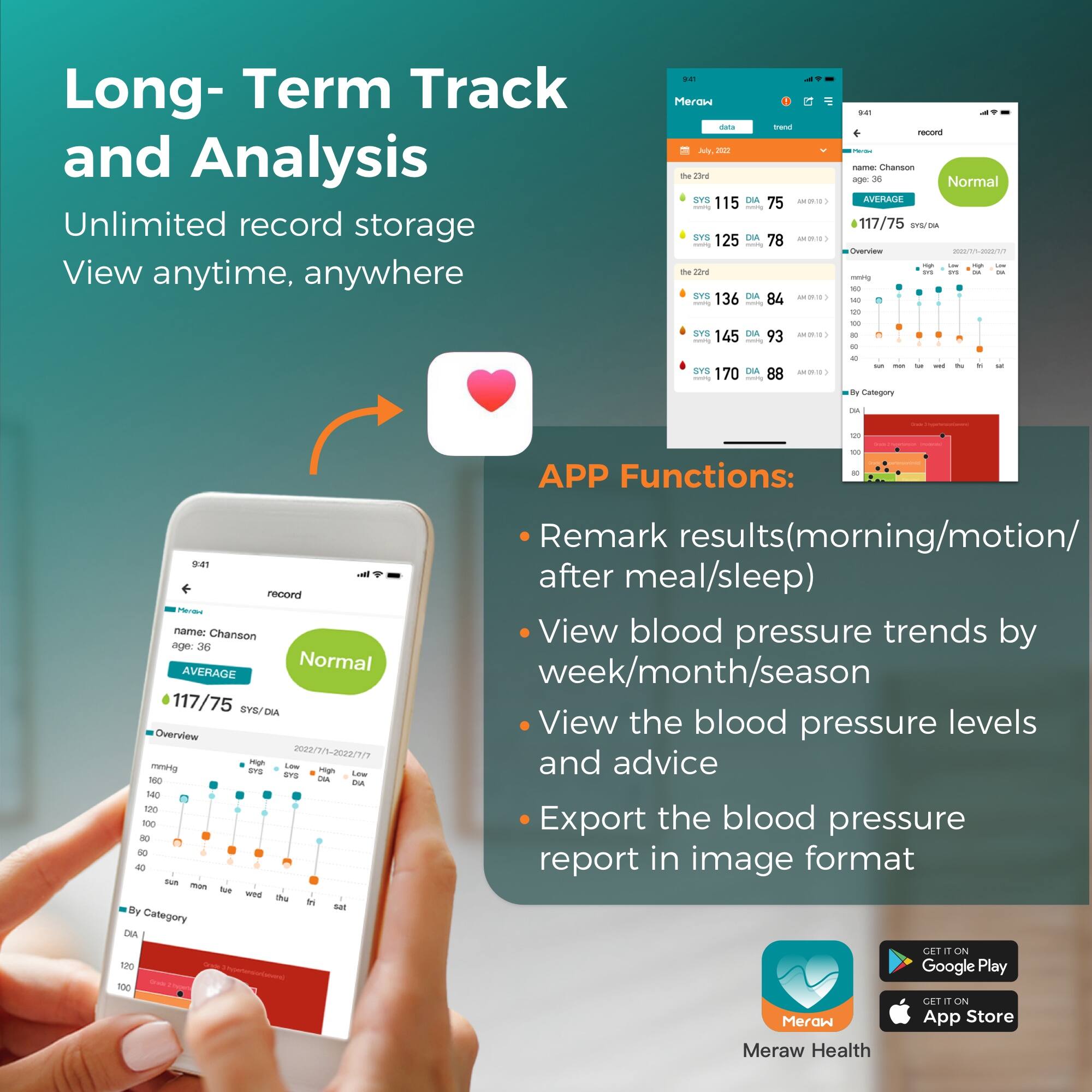 Long- Term Track and Analysis
Unlimited record storage
View anytime, anywhere

APP Functions:
- Remark results(morning/motion/after meal/sleep)
- View blood pressure trends by week/month/season
- View the blood pressure levels and advice
- Export the blood pressure report in image format

GET IT ON Google Play
GET IT ON App Store
Meraw Health