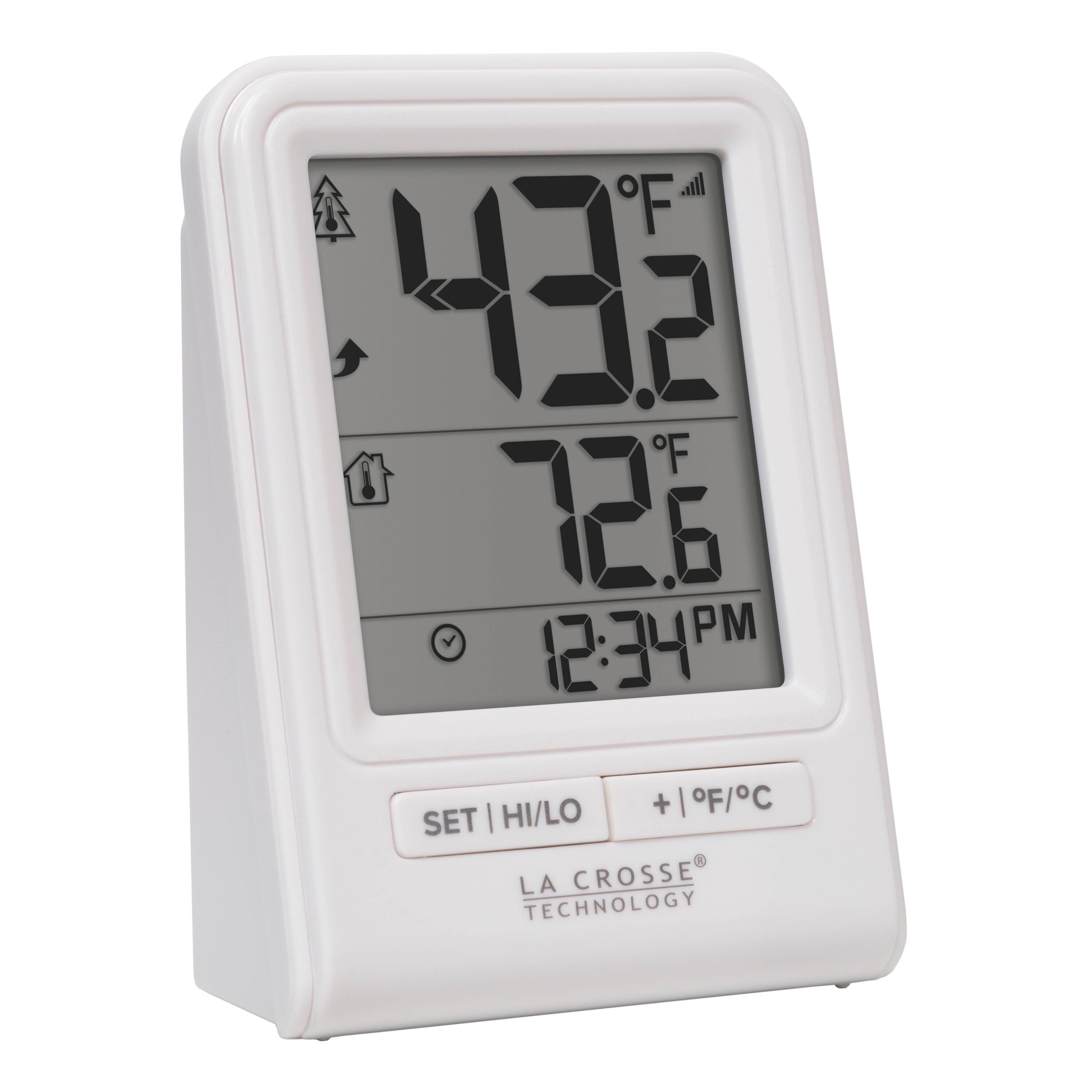 Sure, here is the corrected and grouped text from the image:

- **Temperature:** 43.2°F
- **Humidity:** 72.6%
- **Time:** 12:34 PM
- **Buttons:**
  - SET | HI/LO
  - + | °F/°C
- **Brand:** LA CROSSE TECHNOLOGY