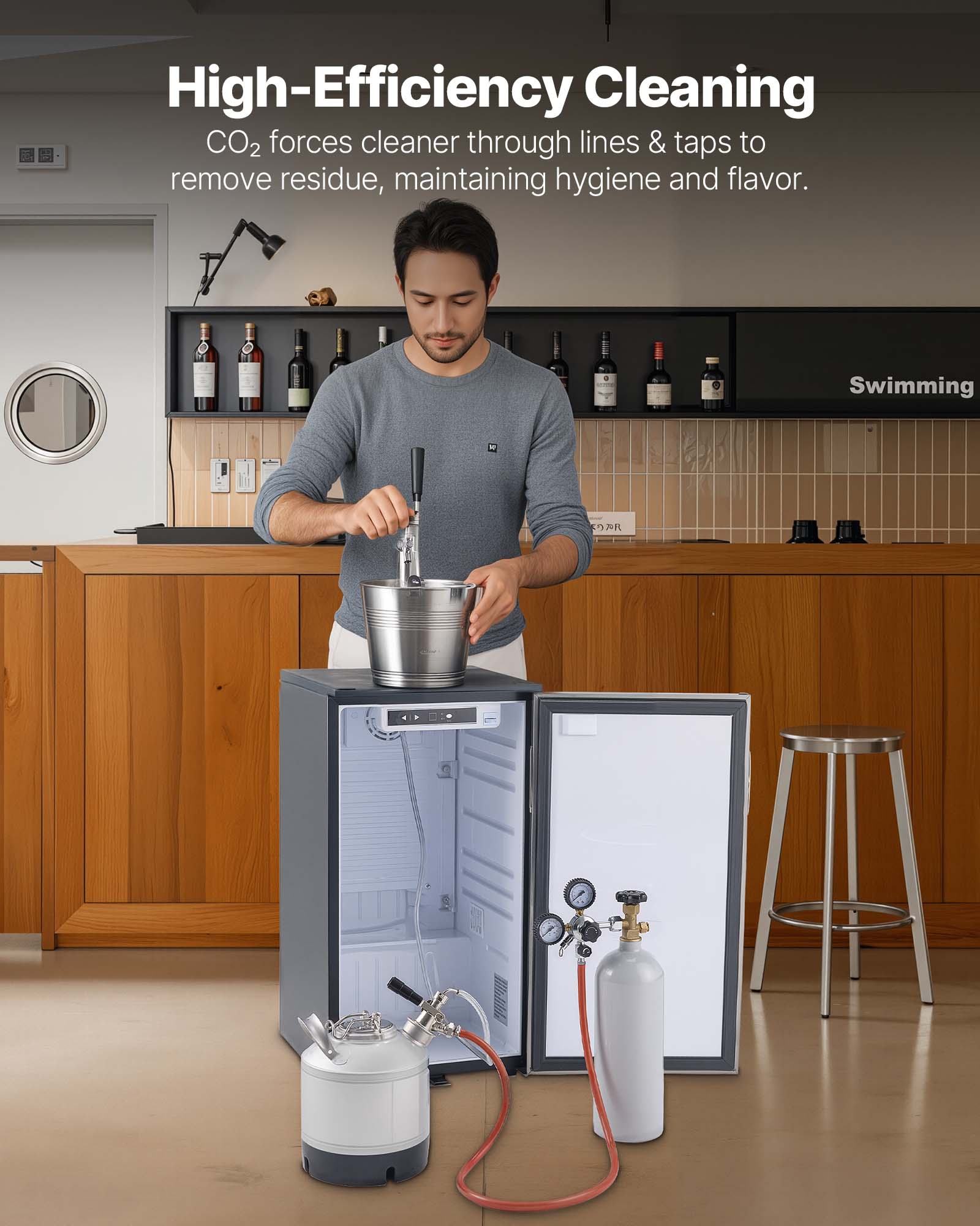 High-Efficiency Cleaning  
CO2 forces cleaner through lines & taps to remove residue, maintaining hygiene and flavor.  
Swimming