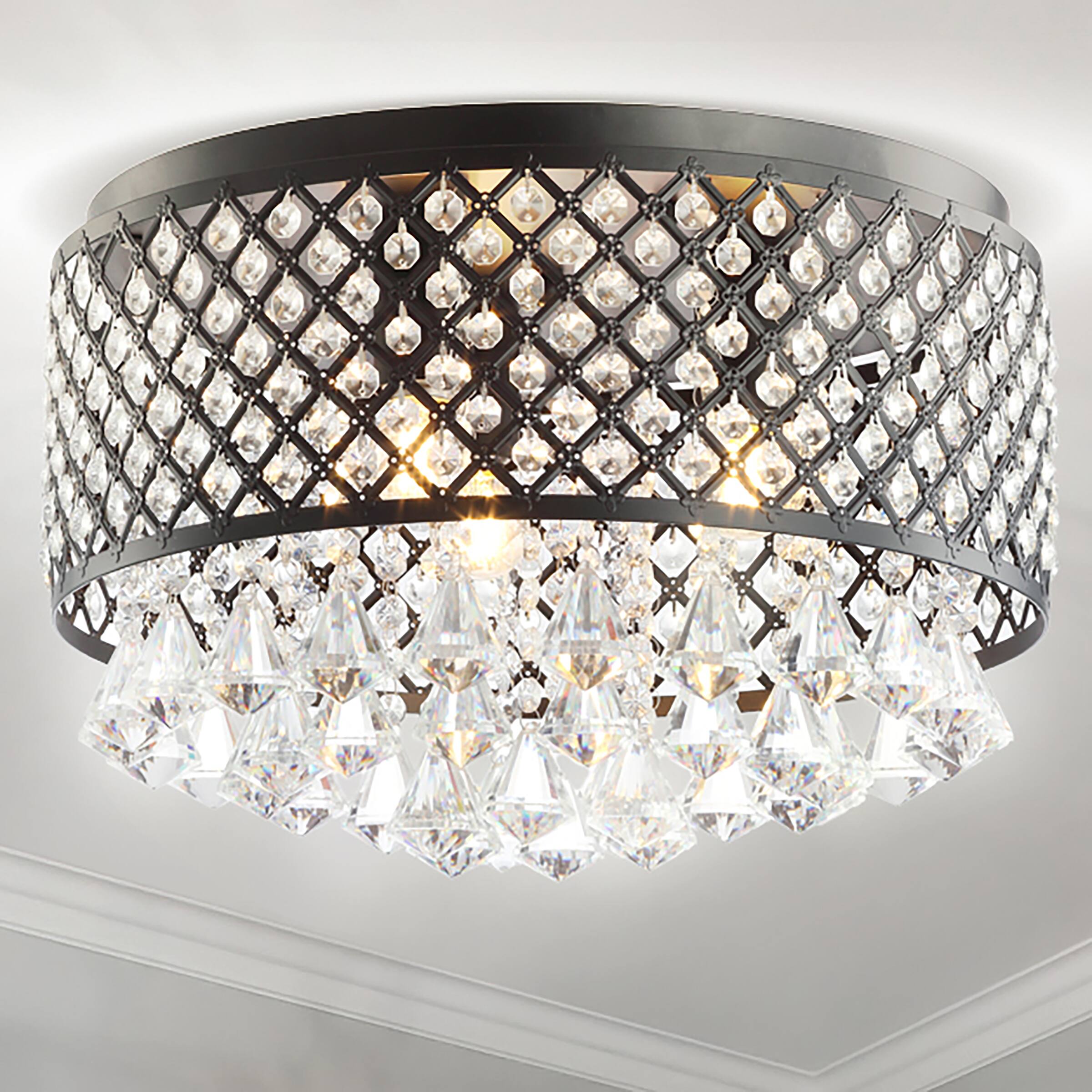 Alt View 1. Jonathan Y - Evelyn 17" 3-Light Crystal Drops/Metal ,LED Flush Mount, Black - Black/Clear.
