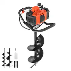 Front. VEVOR - Gas Powered Post Hole Digger, 52cc Post Hole Auger with 6" & 10" Bits, 3 Extension Rods, 1450W Heavy-Duty Earth Auger - Orange + Black.