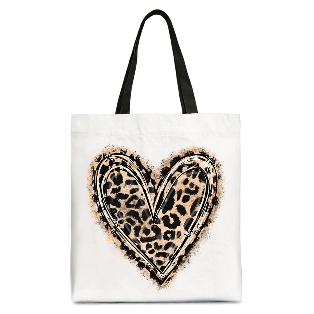 OrnamentallyYou - Leopard Heart Valentine Canvas Tote Bag, Love Design Shopper - White Black