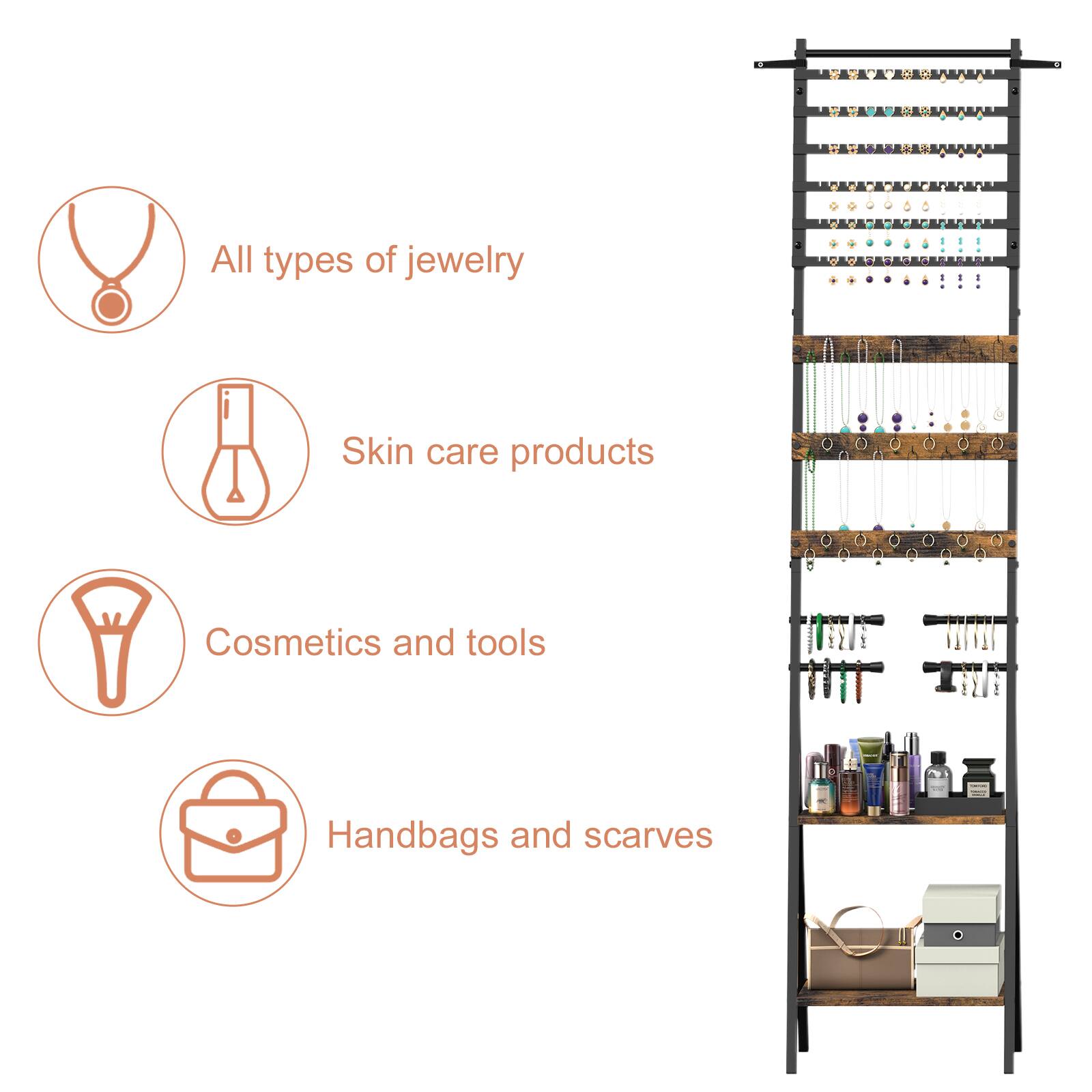 All types of jewelry  
Skin care products  
Cosmetics and tools  
Handbags and scarves