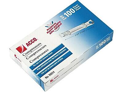 ACCO  
Compressors  
Compressores  
Compresores  
For use with fastener bases  
Pour utilisation avec les bases de attaches  
Use con las bases para archivar  

Premium quality  
Haute qualité  
Alta calidad  

100 pieces  
100 Piezas  
100 Piezas  

No 70014  

2-3/4" (7 cm)